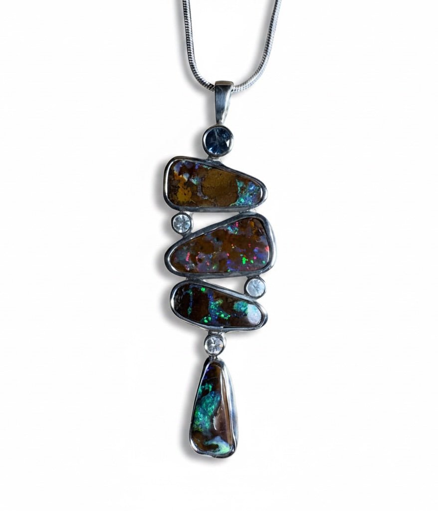 12ct Queensland Boulder Opal Pendant Necklace with 0.6ct & 0.2ct Queensland Sapphire ~ 'Great Barrier Reef Grandeur' | 925 Sterling Silver | Solid Australian Opal