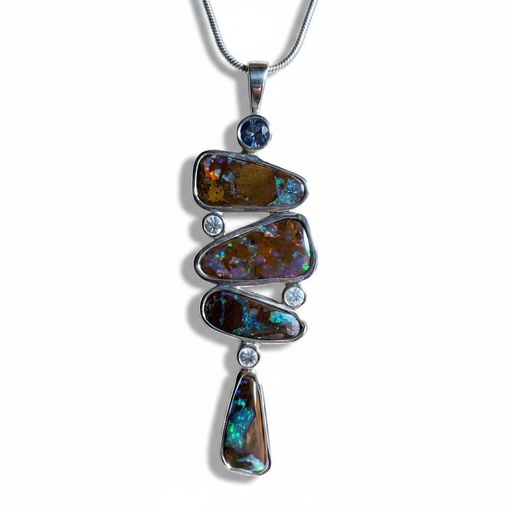 12ct Queensland Boulder Opal Pendant Necklace with 0.6ct & 0.2ct Queensland Sapphire ~ 'Great Barrier Reef Grandeur' | 925 Sterling Silver | Solid Australian Opal