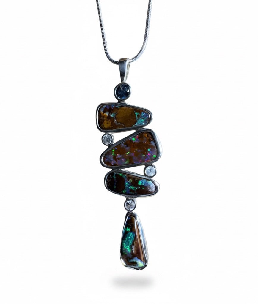 12ct Queensland Boulder Opal Pendant Necklace with 0.6ct & 0.2ct Queensland Sapphire ~ 'Great Barrier Reef Grandeur' | 925 Sterling Silver | Solid Australian Opal