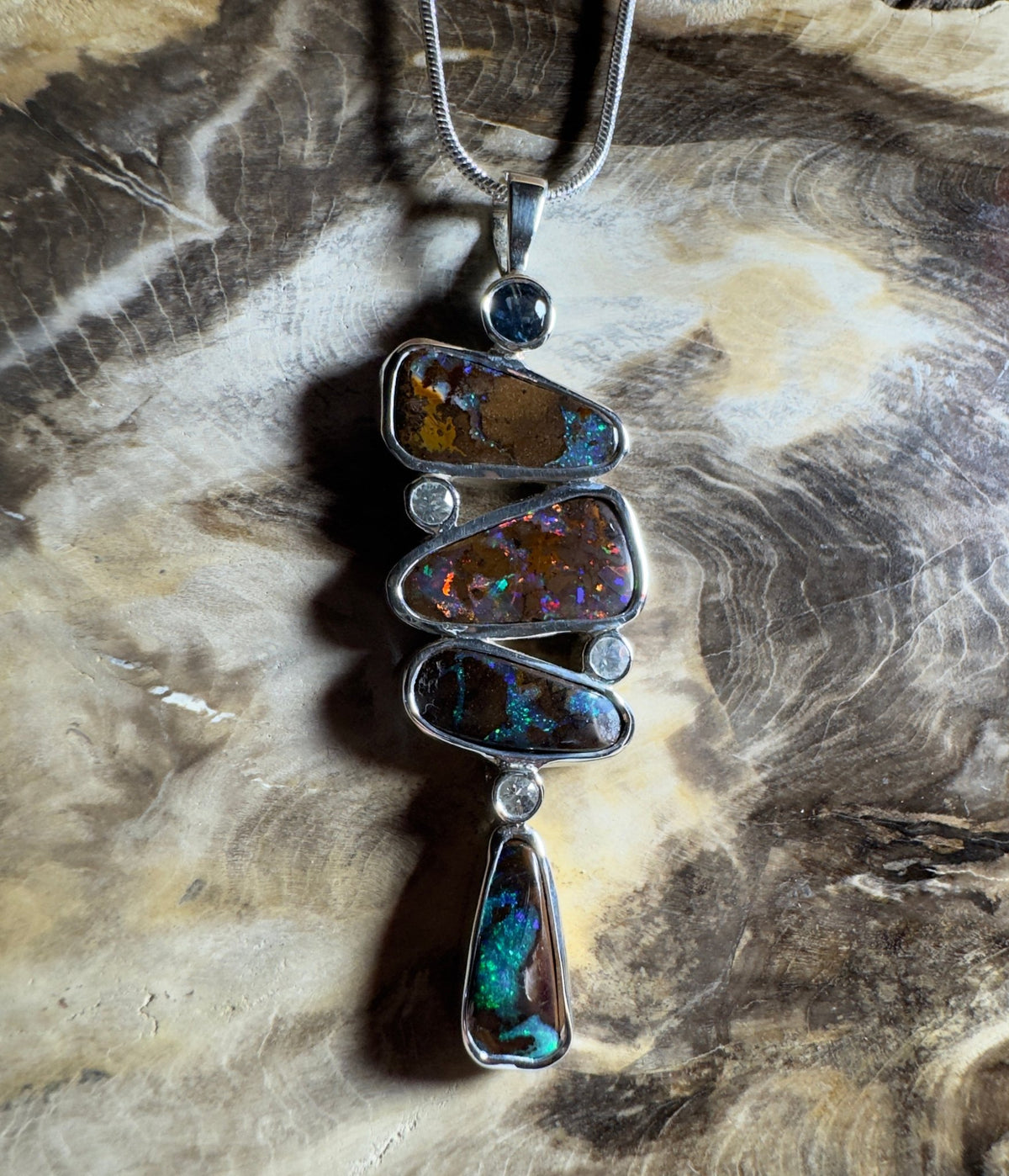 12ct Queensland Boulder Opal Pendant Necklace with 0.6ct & 0.2ct Queensland Sapphire ~ 'Great Barrier Reef Grandeur' | 925 Sterling Silver | Solid Australian Opal
