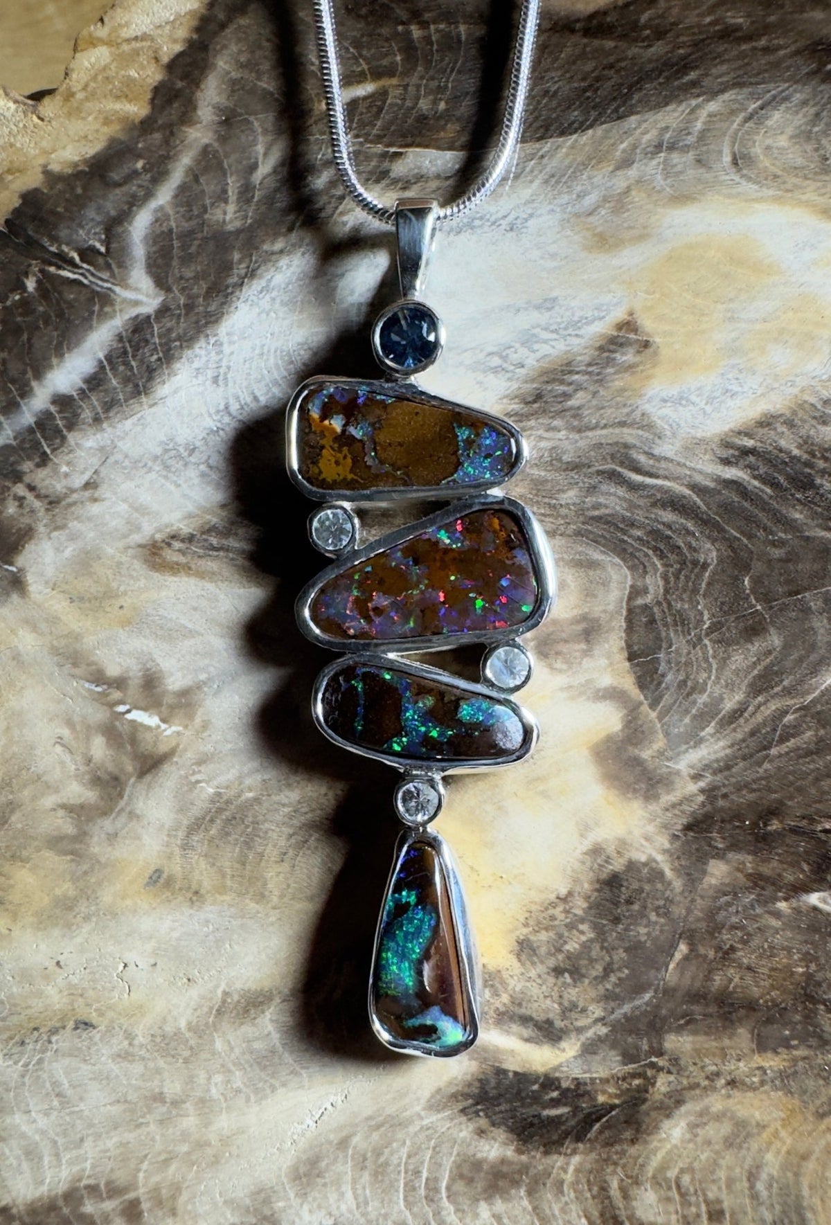 12ct Queensland Boulder Opal Pendant Necklace with 0.6ct & 0.2ct Queensland Sapphire ~ 'Great Barrier Reef Grandeur' | 925 Sterling Silver | Solid Australian Opal