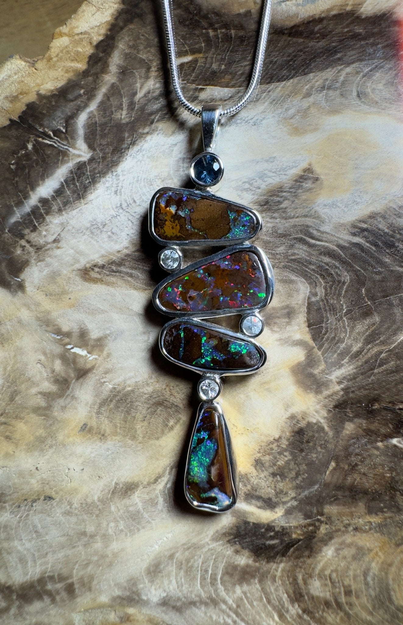12ct Queensland Boulder Opal Pendant Necklace with 0.6ct & 0.2ct Queensland Sapphire ~ 'Great Barrier Reef Grandeur' | 925 Sterling Silver | Solid Australian Opal