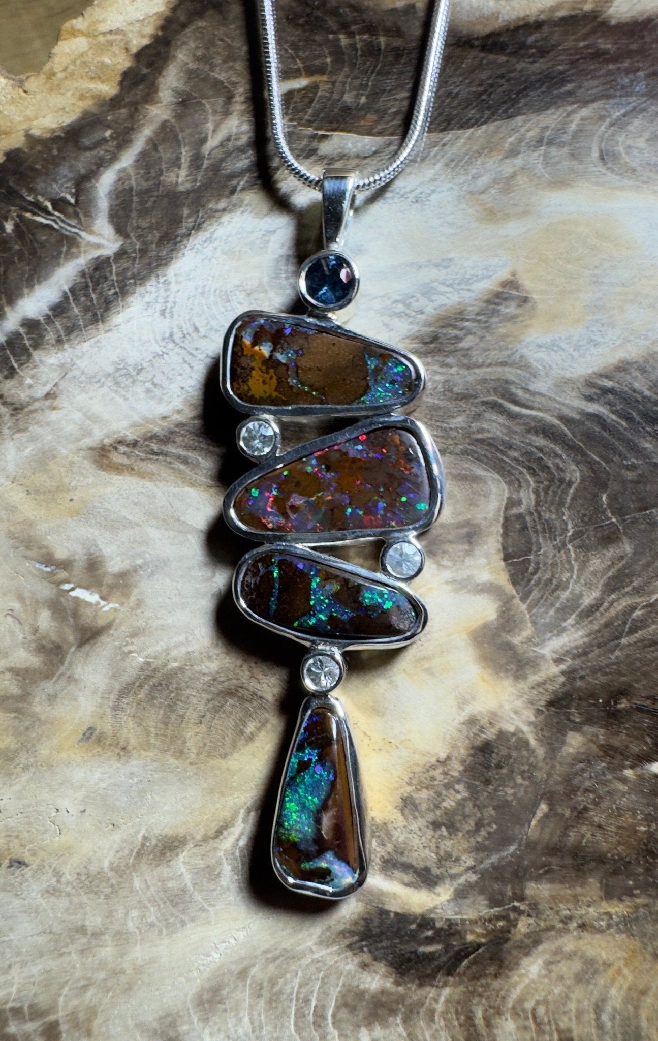 12ct Queensland Boulder Opal Pendant Necklace with 0.6ct & 0.2ct Queensland Sapphire ~ 'Great Barrier Reef Grandeur' | 925 Sterling Silver | Solid Australian Opal