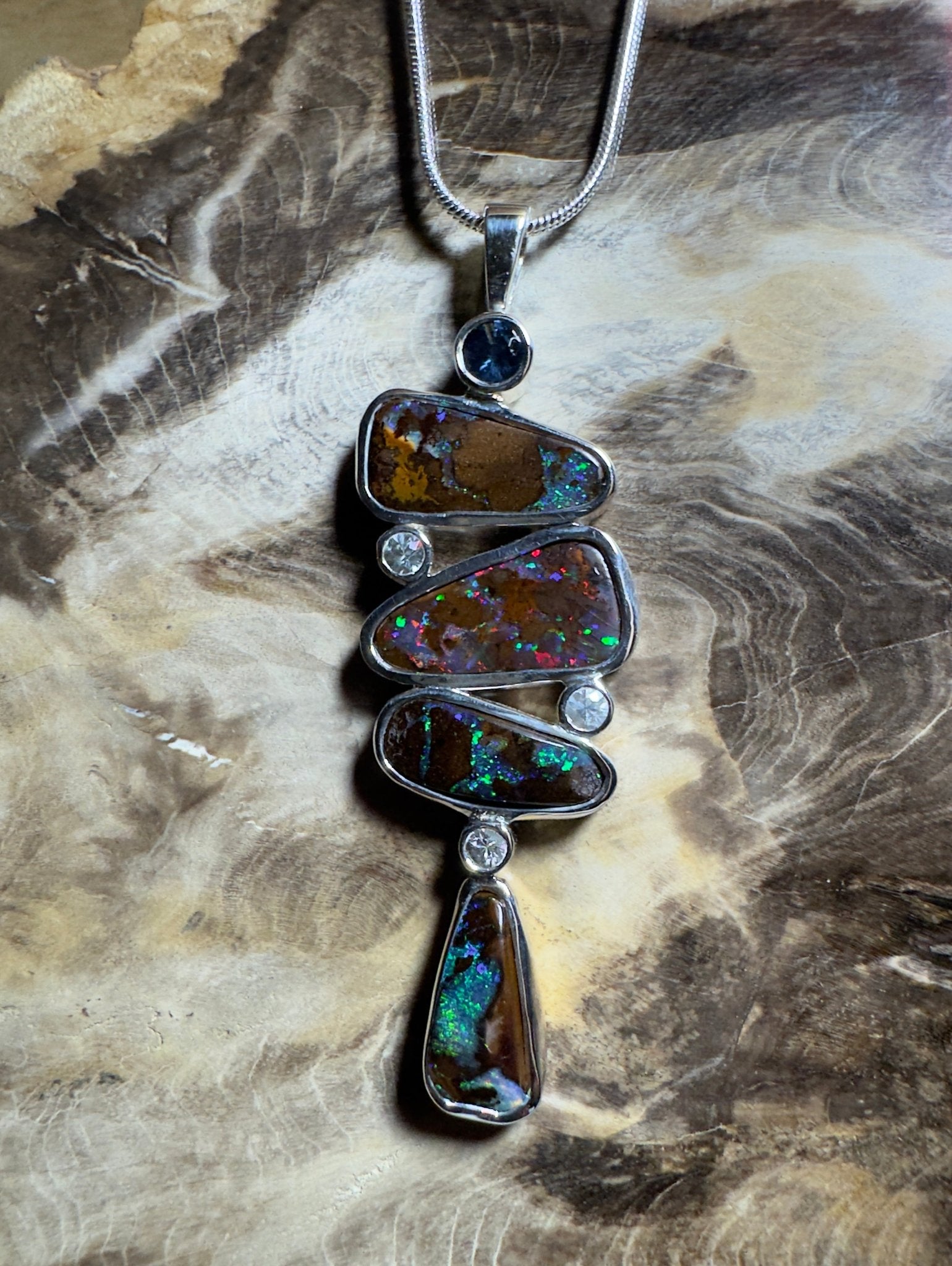 12ct Queensland Boulder Opal Pendant Necklace with 0.6ct & 0.2ct Queensland Sapphire ~ 'Great Barrier Reef Grandeur' | 925 Sterling Silver | Solid Australian Opal