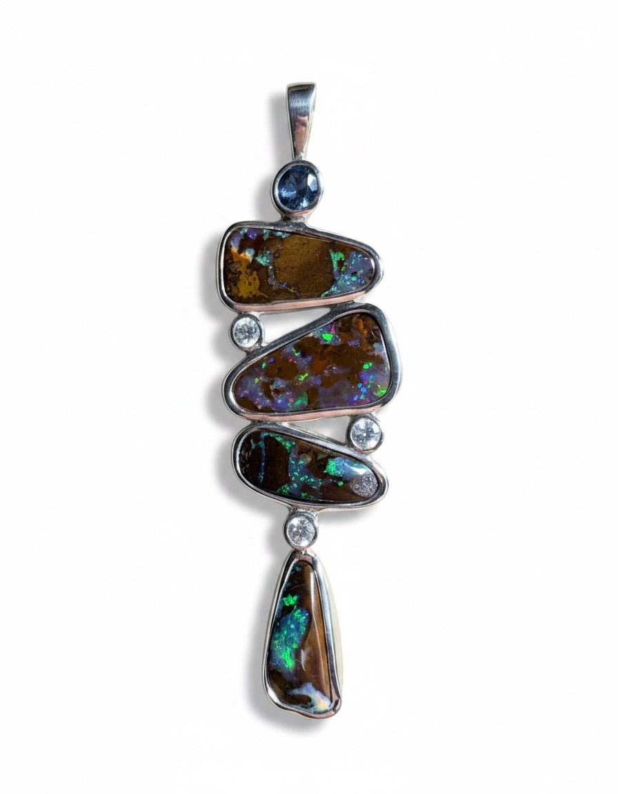 12ct Queensland Boulder Opal Pendant Necklace with 0.6ct & 0.2ct Queensland Sapphire ~ 'Great Barrier Reef Grandeur' | 925 Sterling Silver | Solid Australian Opal