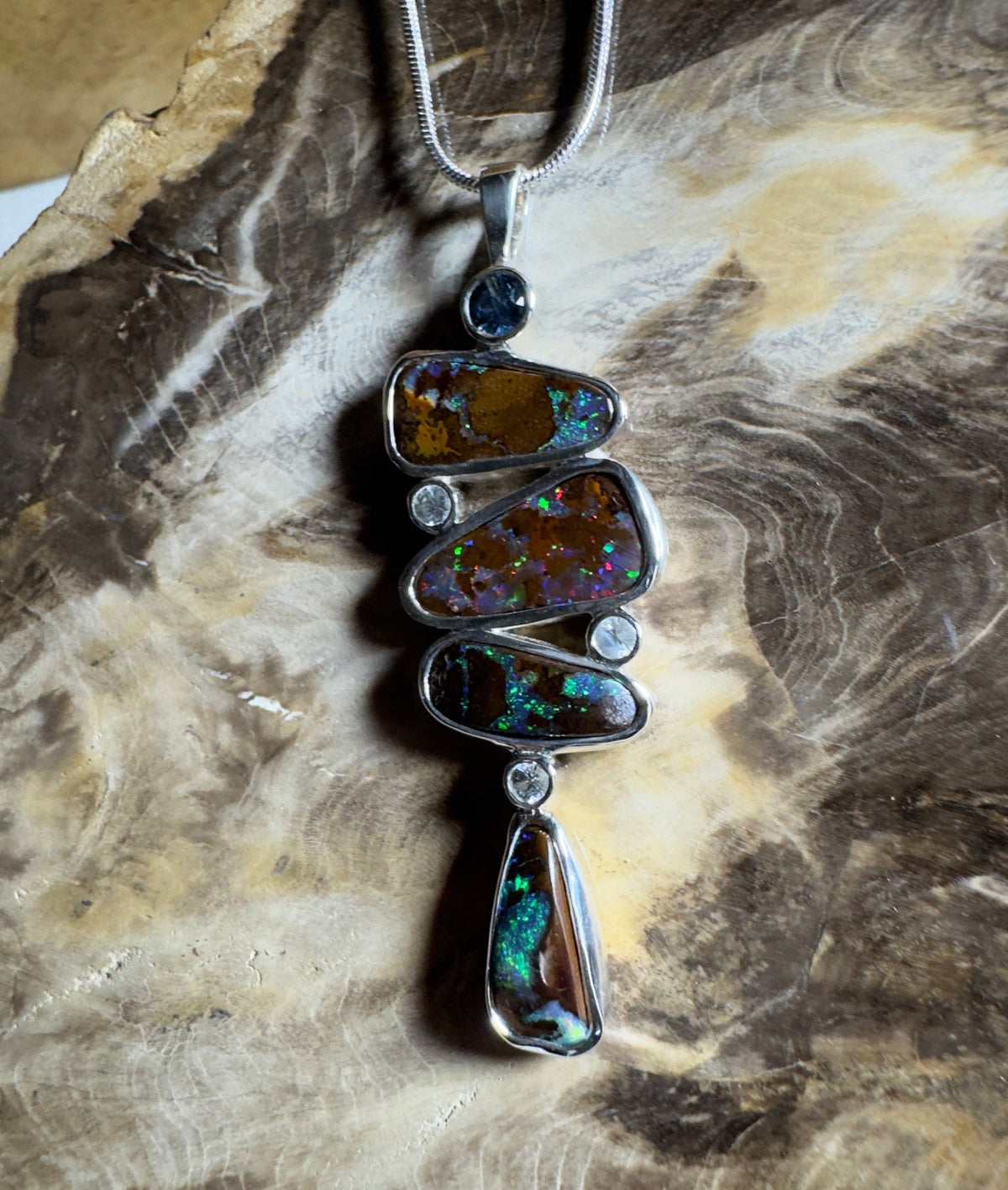 12ct Queensland Boulder Opal Pendant Necklace with 0.6ct & 0.2ct Queensland Sapphire ~ 'Great Barrier Reef Grandeur' | 925 Sterling Silver | Solid Australian Opal