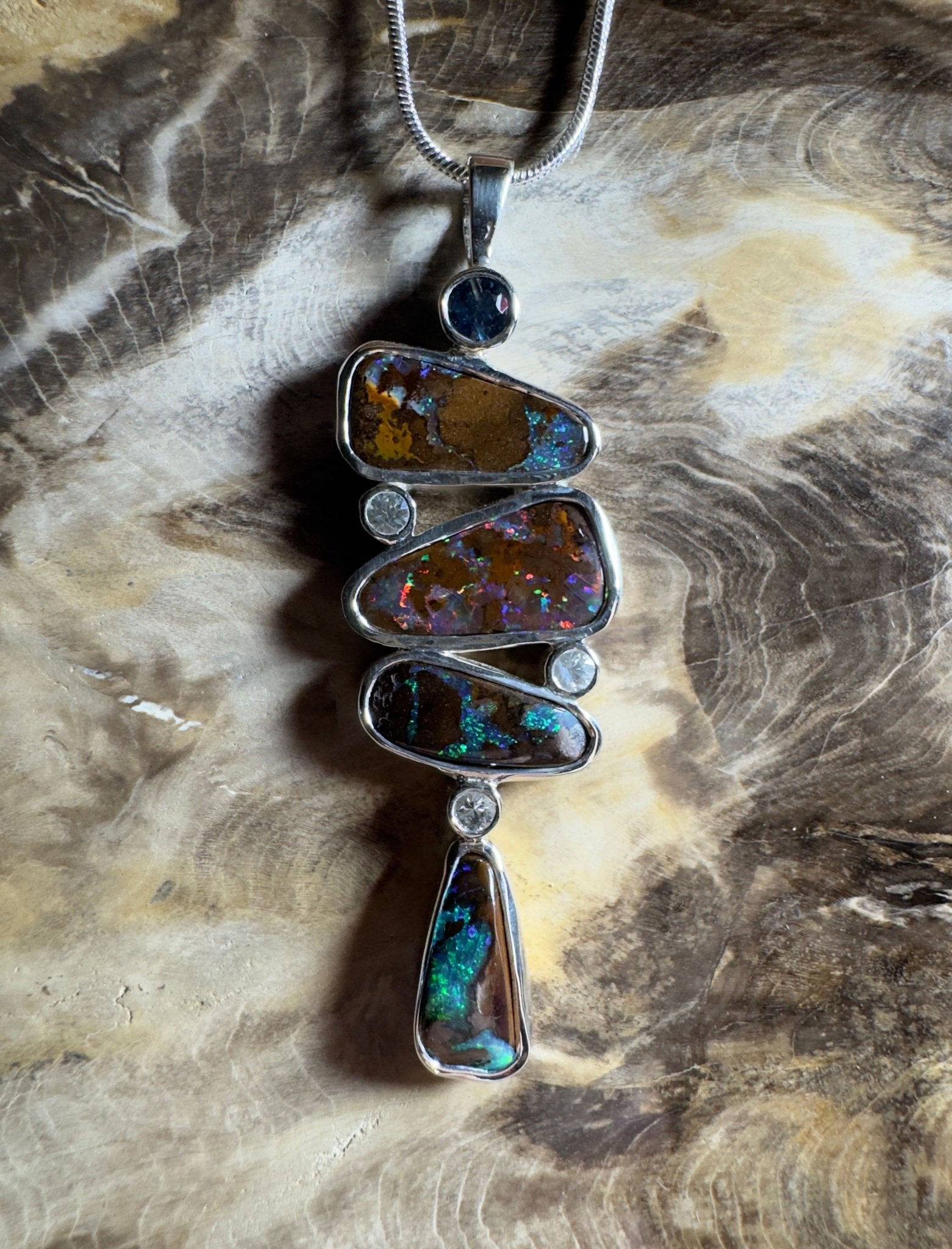 12ct Queensland Boulder Opal Pendant Necklace with 0.6ct & 0.2ct Queensland Sapphire ~ 'Great Barrier Reef Grandeur' | 925 Sterling Silver | Solid Australian Opal
