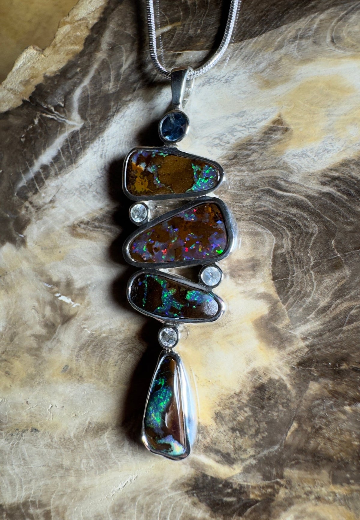 12ct Queensland Boulder Opal Pendant Necklace with 0.6ct & 0.2ct Queensland Sapphire ~ 'Great Barrier Reef Grandeur' | 925 Sterling Silver | Solid Australian Opal