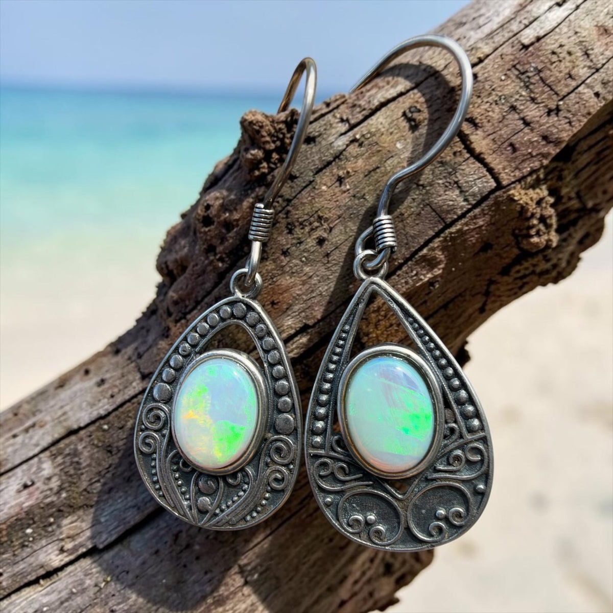 1.3ct Lightning Ridge Opal Filigree Teardrop Hook Earrings ~ 'Tilba Teardrop' | 925 Sterling Silver | Solid Australian Opal