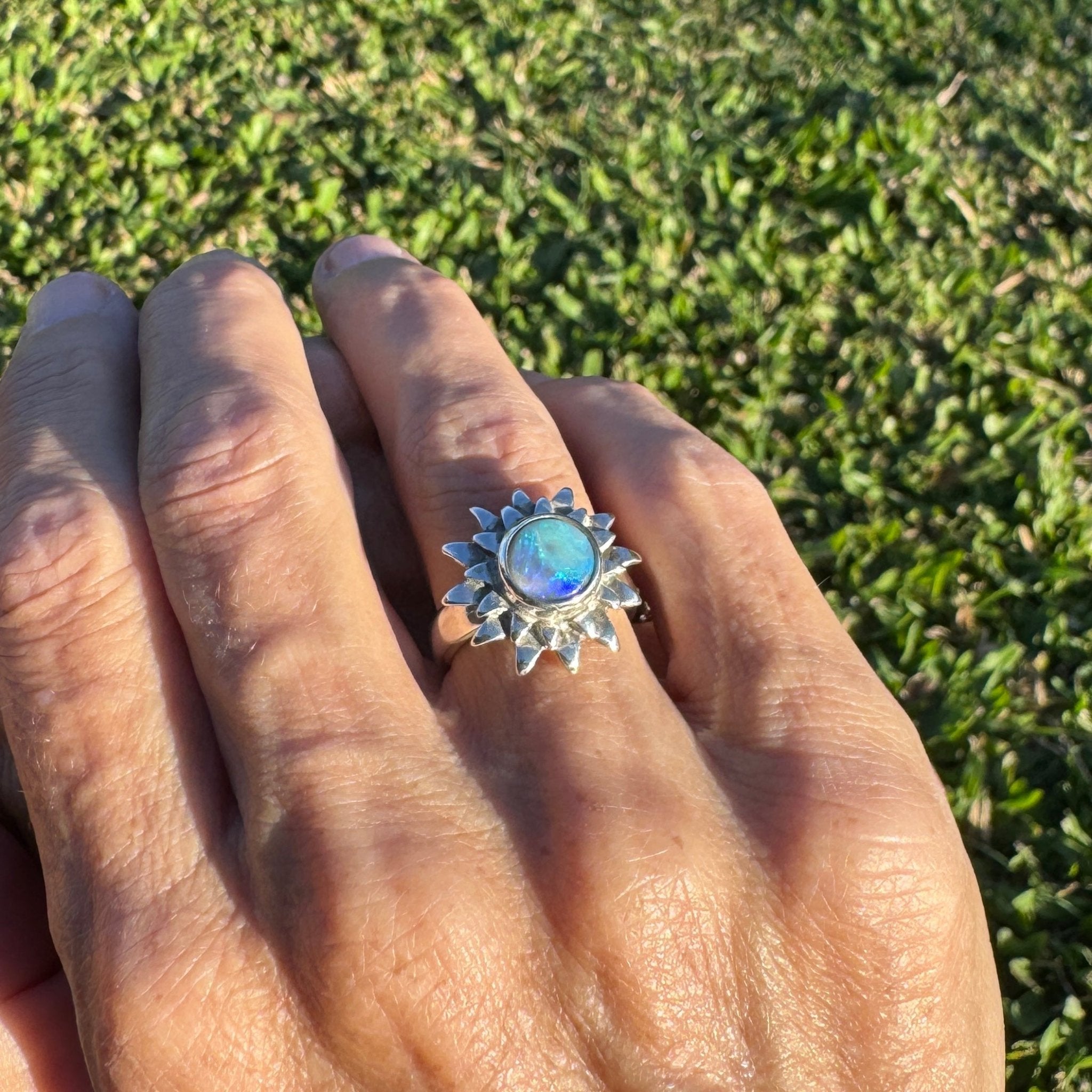 1.3ct Lightning Ridge Semi Black Opal Ring ~ 'Coral Sunburst' | 925 Sterling Silver | Solid Australian Opal