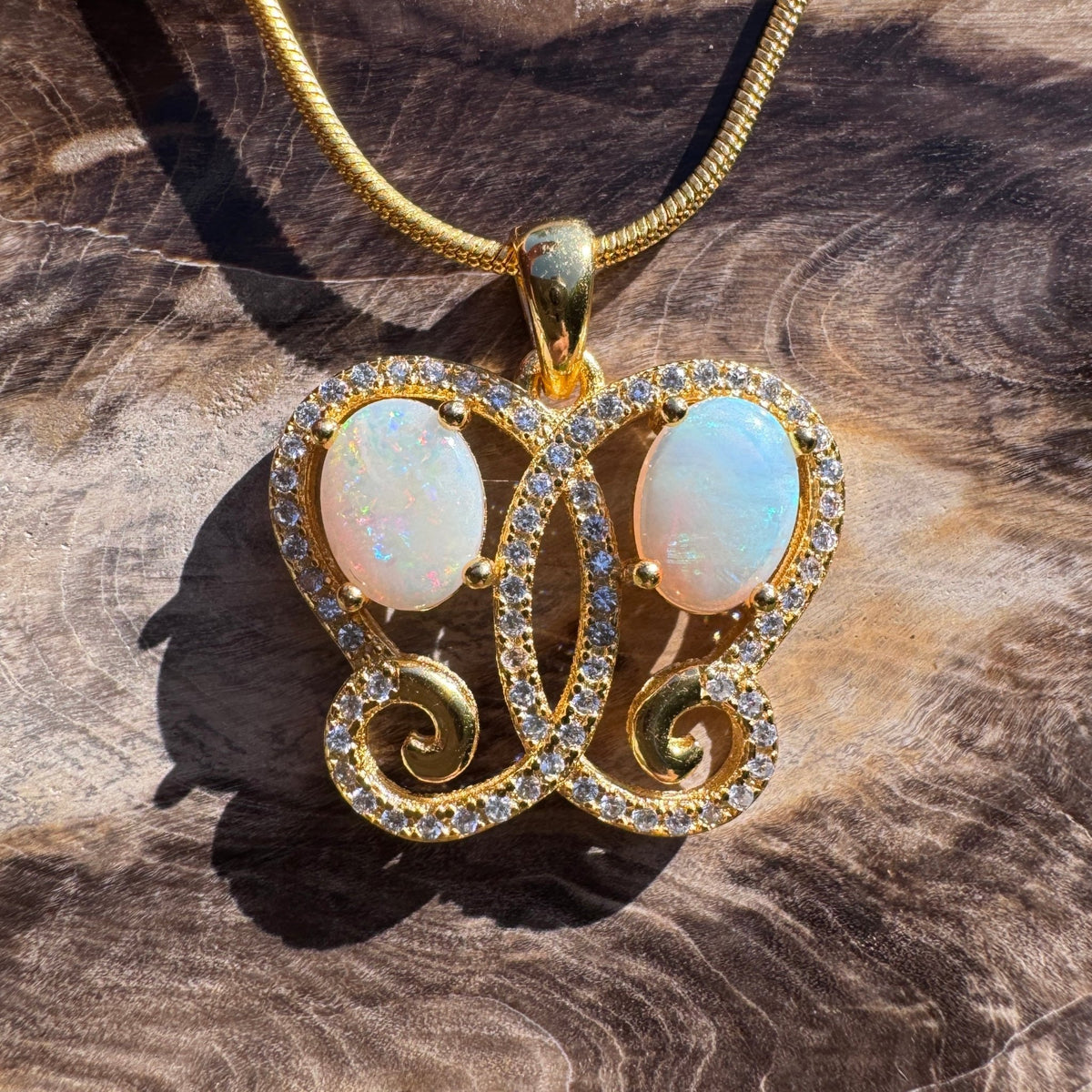 1.4ct Coober Pedy & Lightning Ridge Opal & Cubic Zirconia Butterfly Pendant Necklace ~ 'Butterfly Gorge Glow' | 925 Sterling Silver | Solid Australian Opal