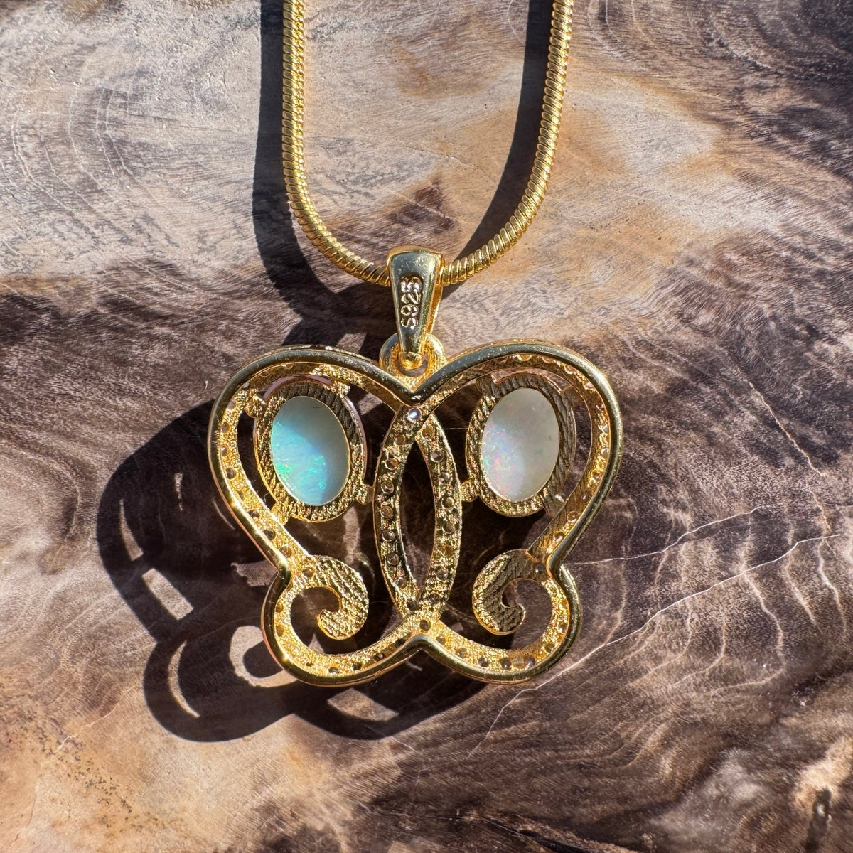 1.4ct Coober Pedy & Lightning Ridge Opal & Cubic Zirconia Butterfly Pendant Necklace ~ 'Butterfly Gorge Glow' | 925 Sterling Silver | Solid Australian Opal