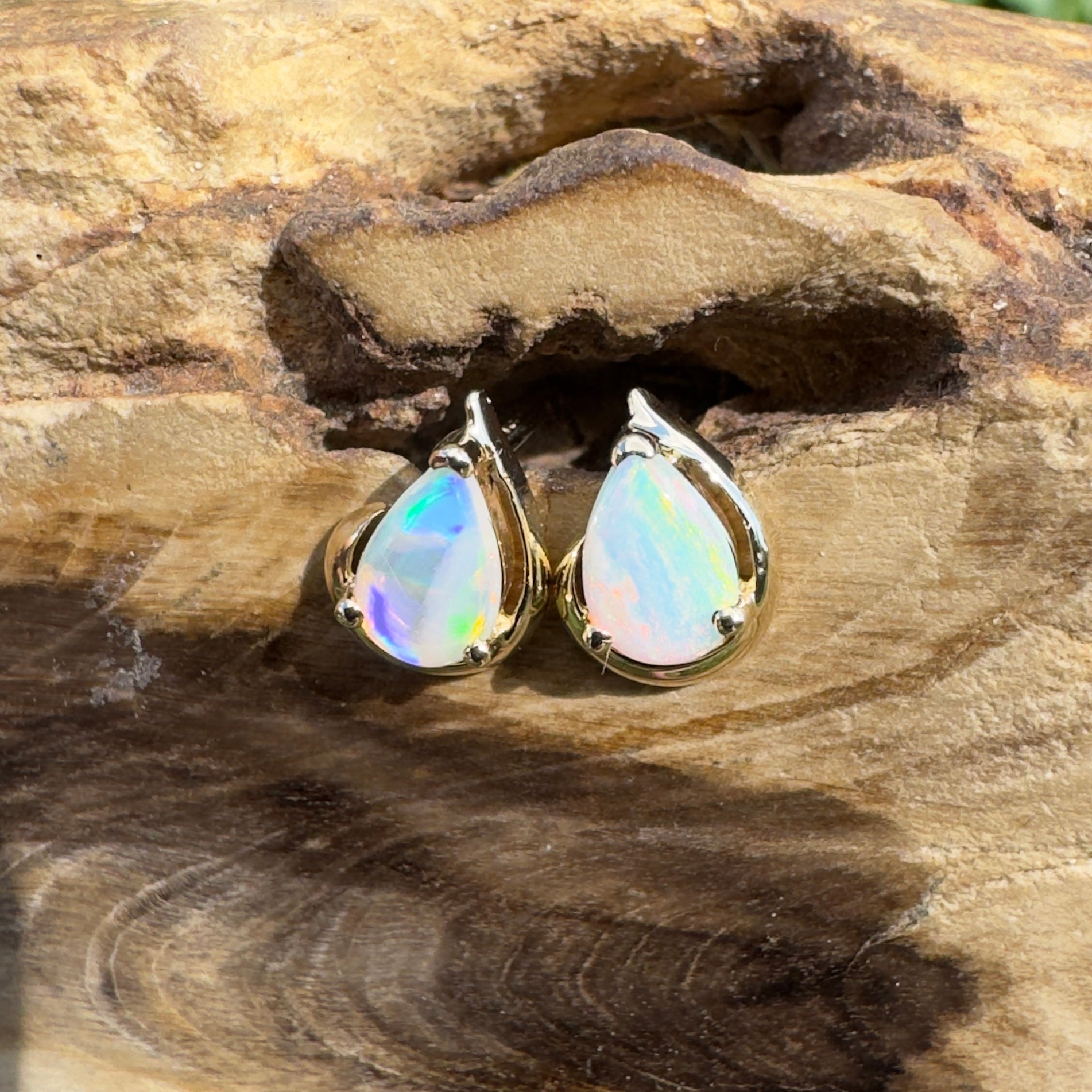 1.4ct Coober Pedy Opal Stud Earrings ~ 'Trigg Point Studs' | 9ct Yellow Gold | Solid Australian Opal