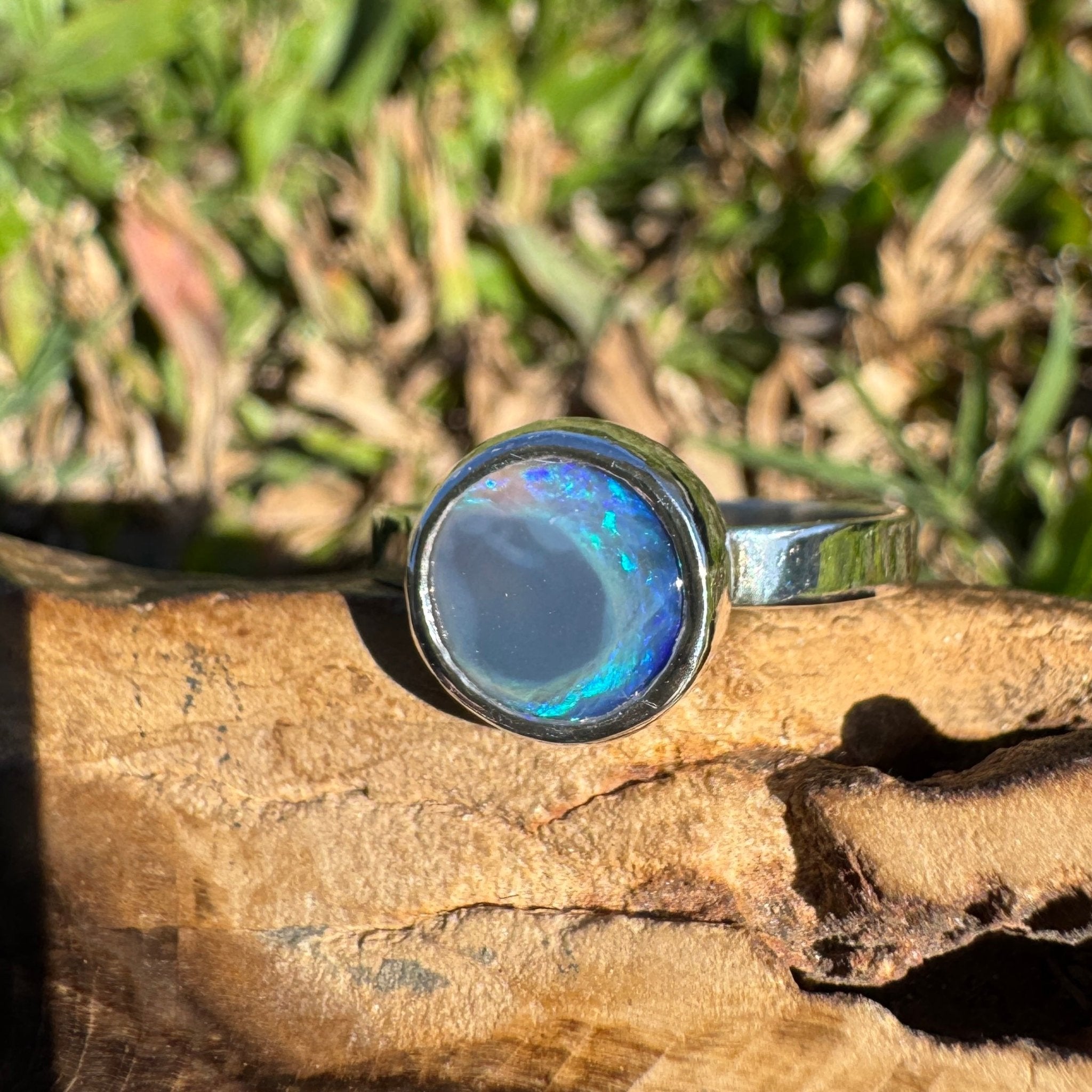 1.4ct Lightning Ridge Semi Black Opal Ring ~ 'Flinders Ranges Round' | 925 Sterling Silver | Solid Australian Opal