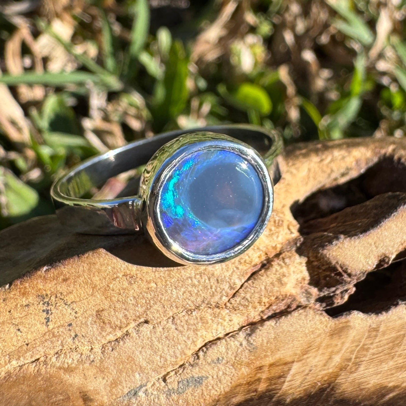1.4ct Lightning Ridge Semi Black Opal Ring ~ 'Flinders Ranges Round' | 925 Sterling Silver | Solid Australian Opal