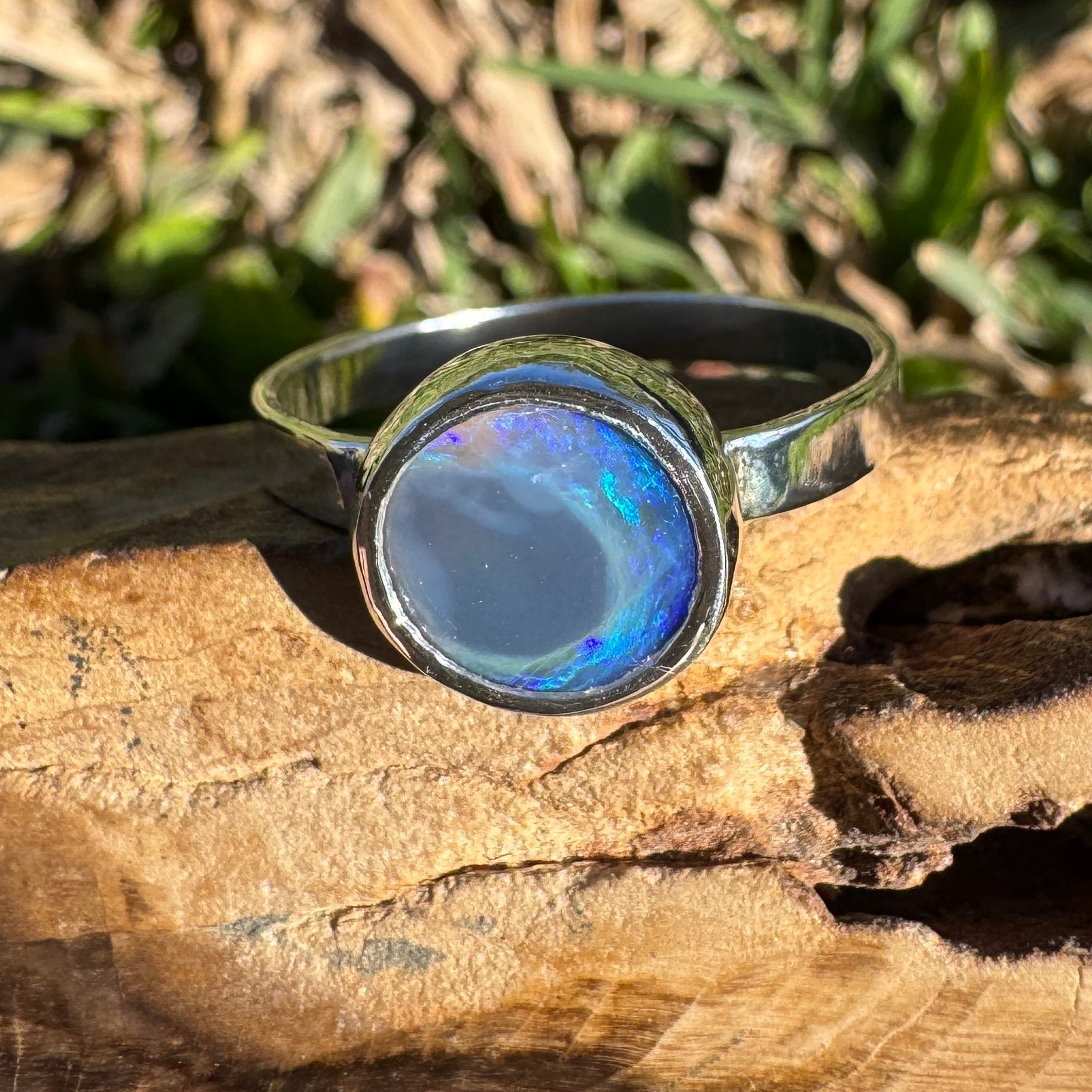 1.4ct Lightning Ridge Semi Black Opal Ring ~ 'Flinders Ranges Round' | 925 Sterling Silver | Solid Australian Opal
