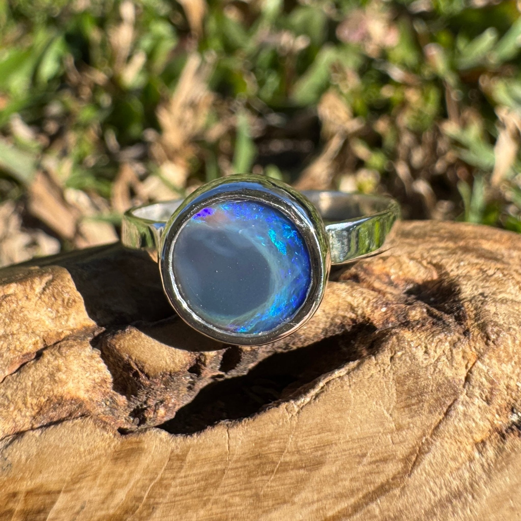 1.4ct Lightning Ridge Semi Black Opal Ring ~ 'Flinders Ranges Round' | 925 Sterling Silver | Solid Australian Opal