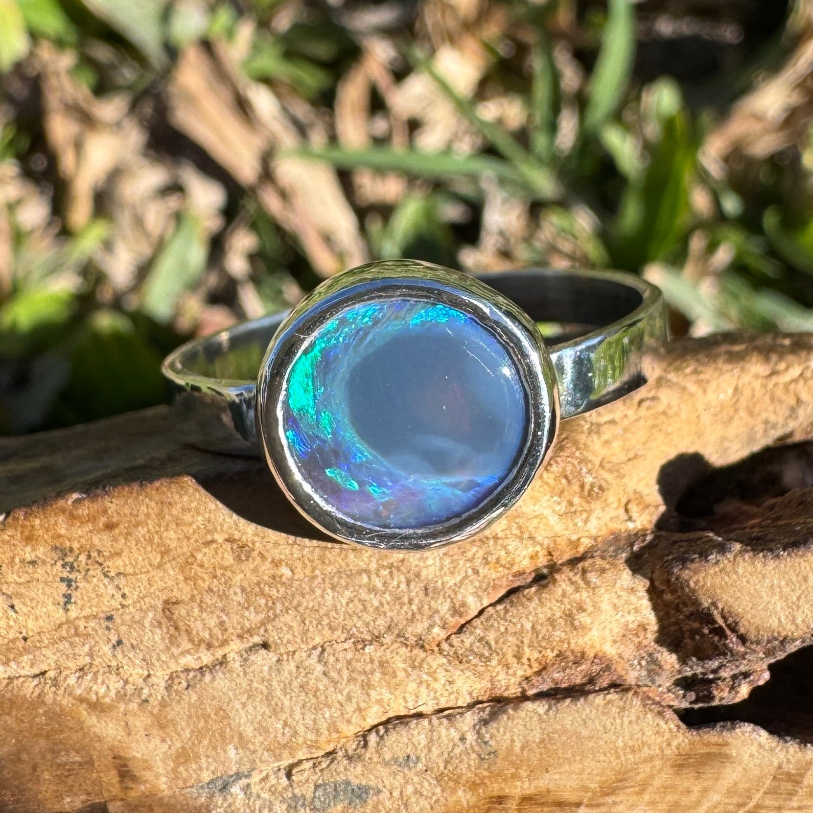 1.4ct Lightning Ridge Semi Black Opal Ring ~ 'Flinders Ranges Round' | 925 Sterling Silver | Solid Australian Opal