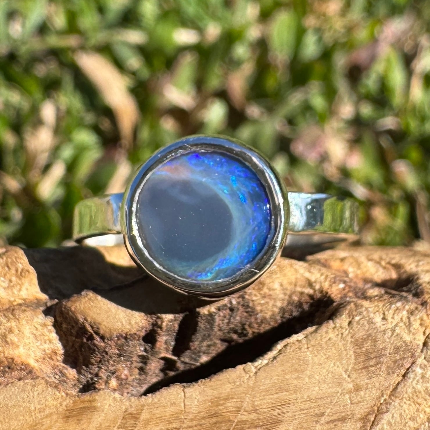 1.4ct Lightning Ridge Semi Black Opal Ring ~ 'Flinders Ranges Round' | 925 Sterling Silver | Solid Australian Opal
