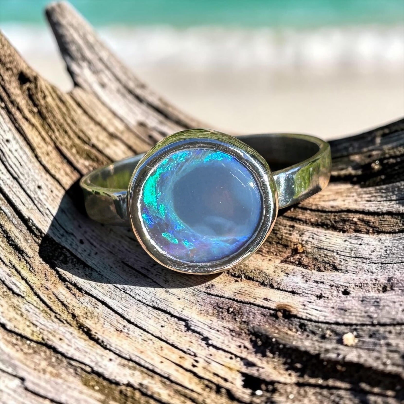 1.4ct Lightning Ridge Semi Black Opal Ring ~ 'Flinders Ranges Round' | 925 Sterling Silver | Solid Australian Opal