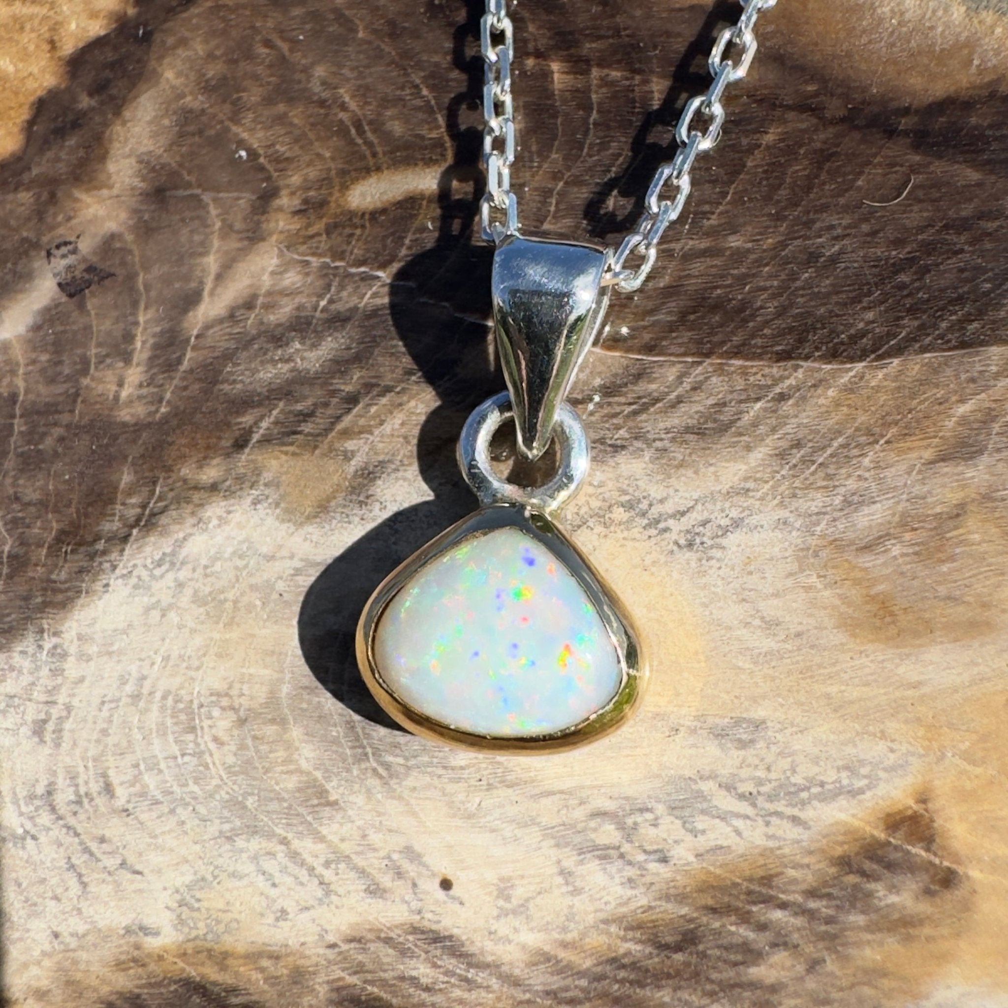 1.4ct Lightning Ridge White Opal Pendant Necklace ~ 'Runaway Bay Beauty' | Two - Tone 9ct Gold & 925 Sterling Silver | Solid Australian Opal