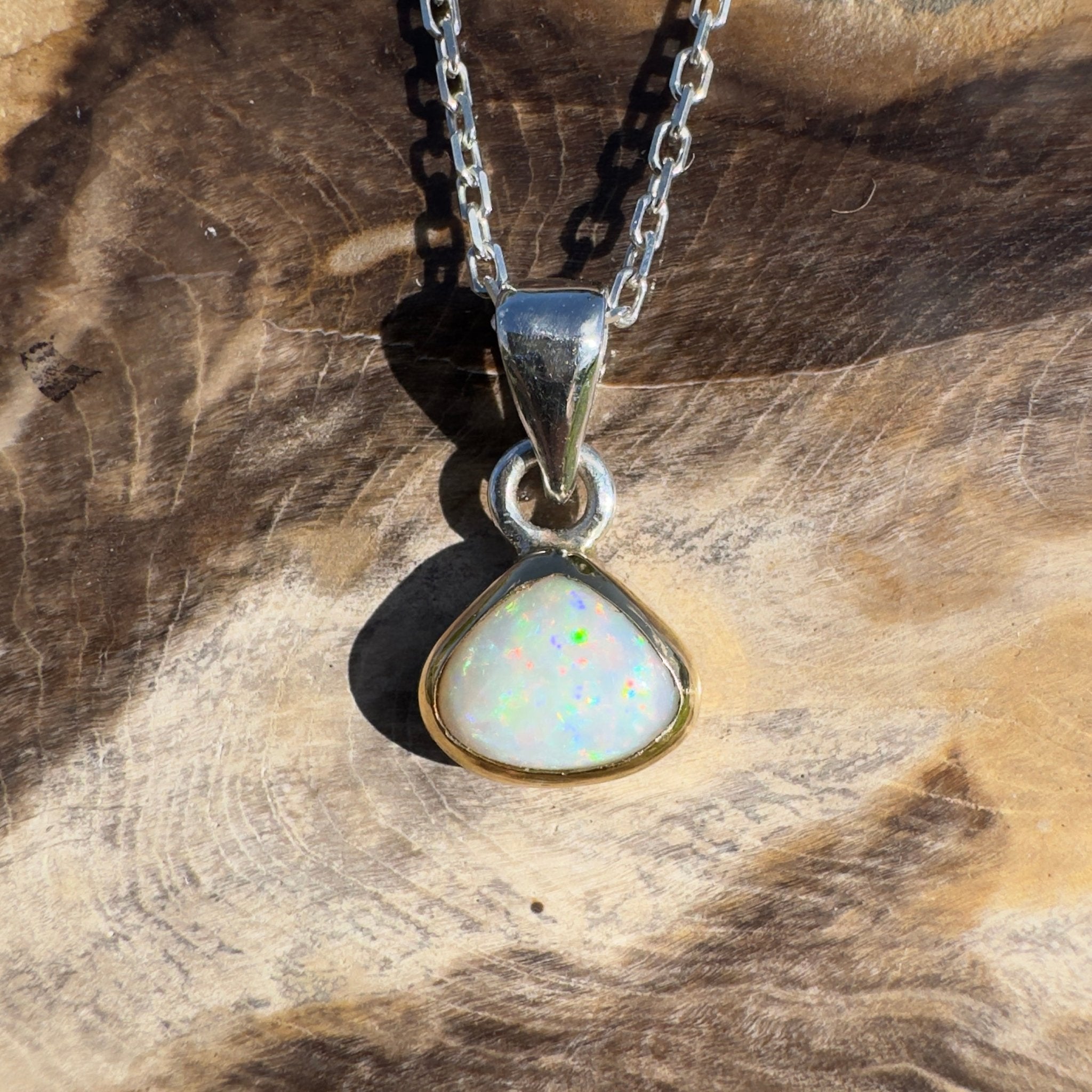 1.4ct Lightning Ridge White Opal Pendant Necklace ~ 'Runaway Bay Beauty' | Two - Tone 9ct Gold & 925 Sterling Silver | Solid Australian Opal