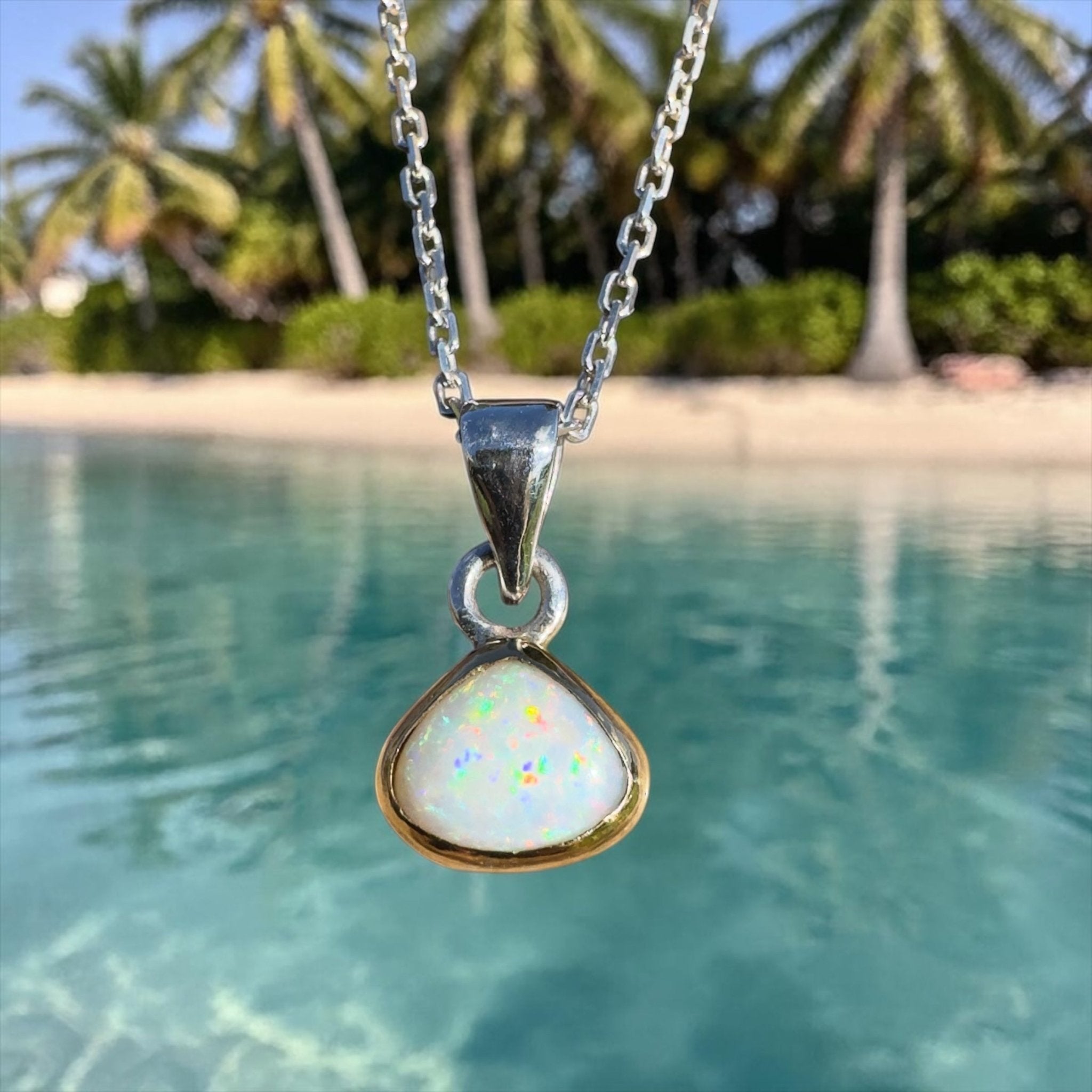 1.4ct Lightning Ridge White Opal Pendant Necklace ~ 'Runaway Bay Beauty' | Two - Tone 9ct Gold & 925 Sterling Silver | Solid Australian Opal