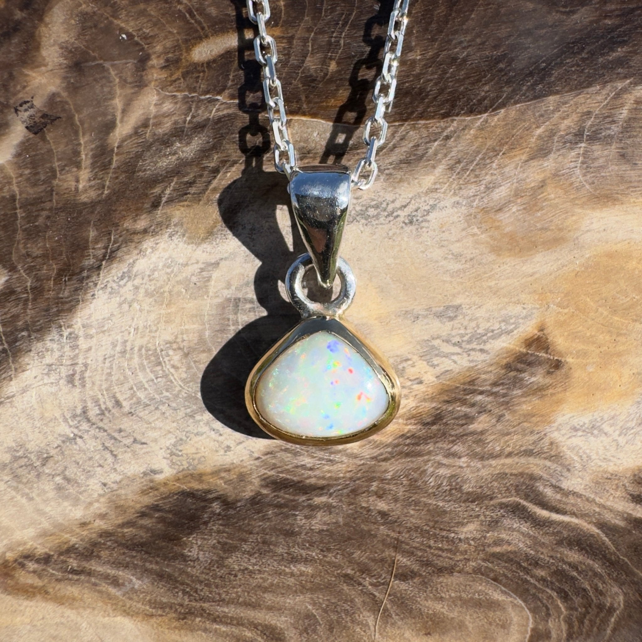 1.4ct Lightning Ridge White Opal Pendant Necklace ~ 'Runaway Bay Beauty' | Two - Tone 9ct Gold & 925 Sterling Silver | Solid Australian Opal