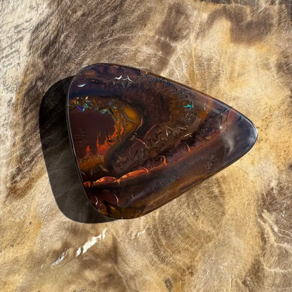 Polished, dark opal with vibrant color play.