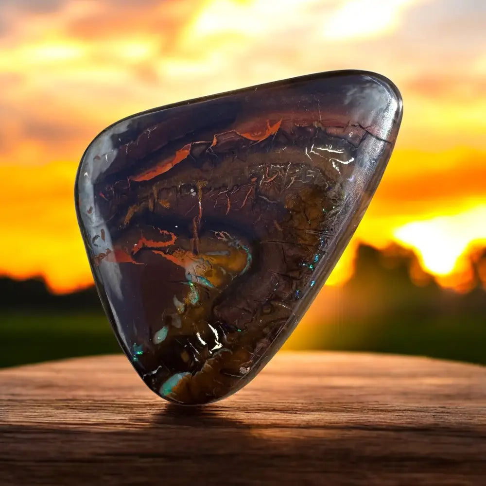 Polished, multicolored opal gemstone.