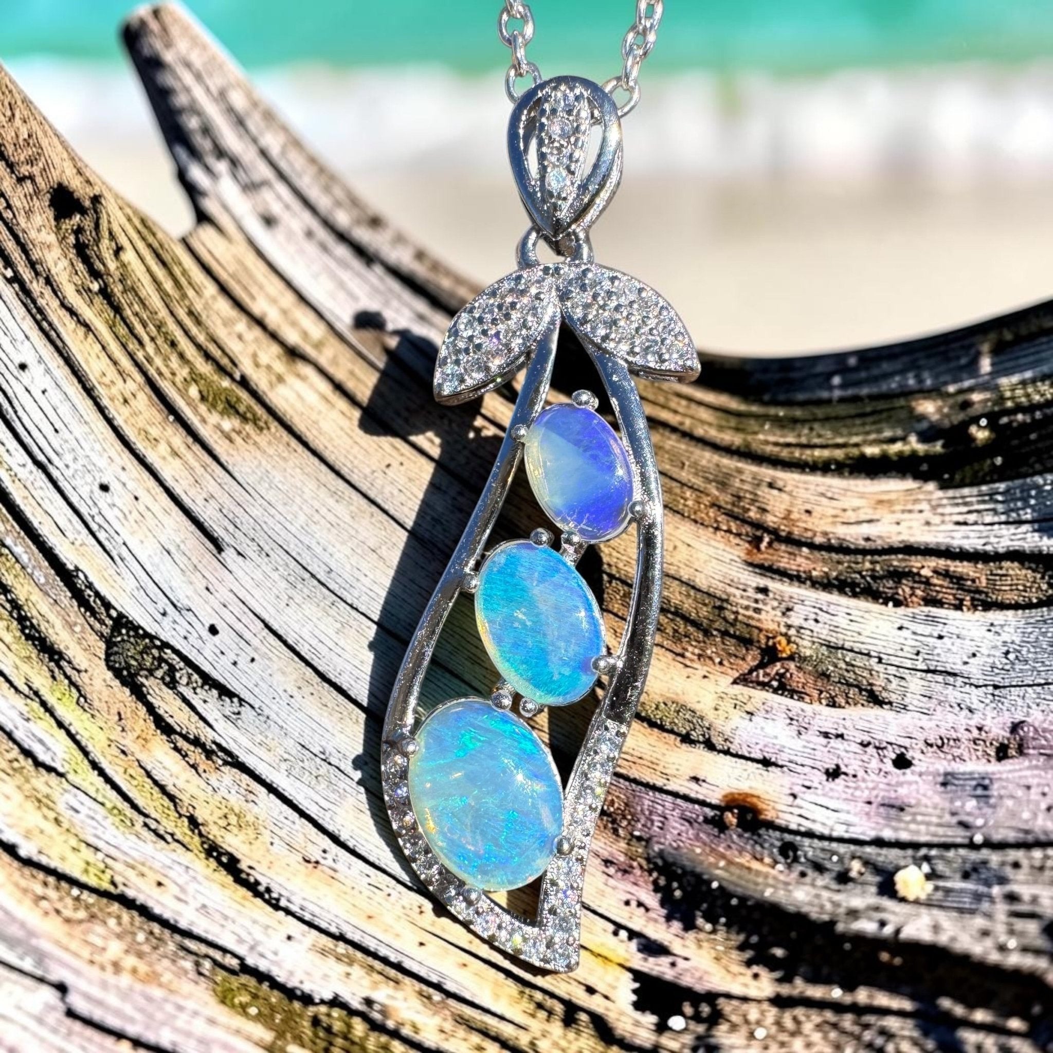 1.5ct Lightning Ridge Opal Pendant Necklace ~ 'Mission Beach Trio' | 925 Sterling Silver | Solid Australian Opal
