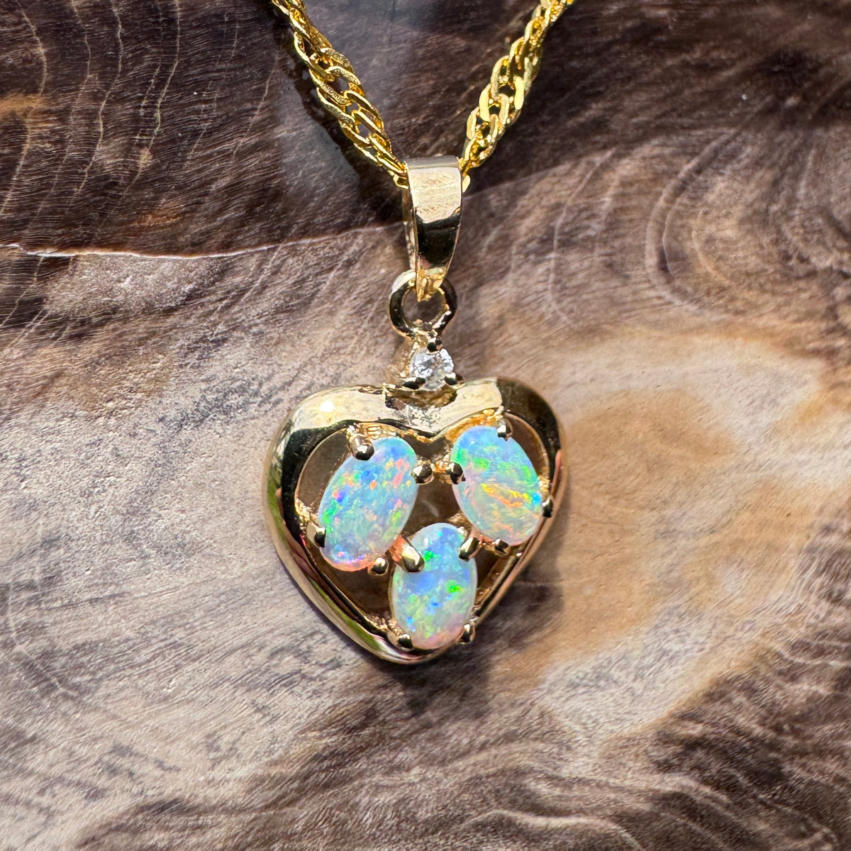 0.5ct Coober Pedy Opal & Diamond Heart Pendant Necklace ~ 'Hanging Rock Heart' | 14ct Yellow Gold | Solid Australian Opal