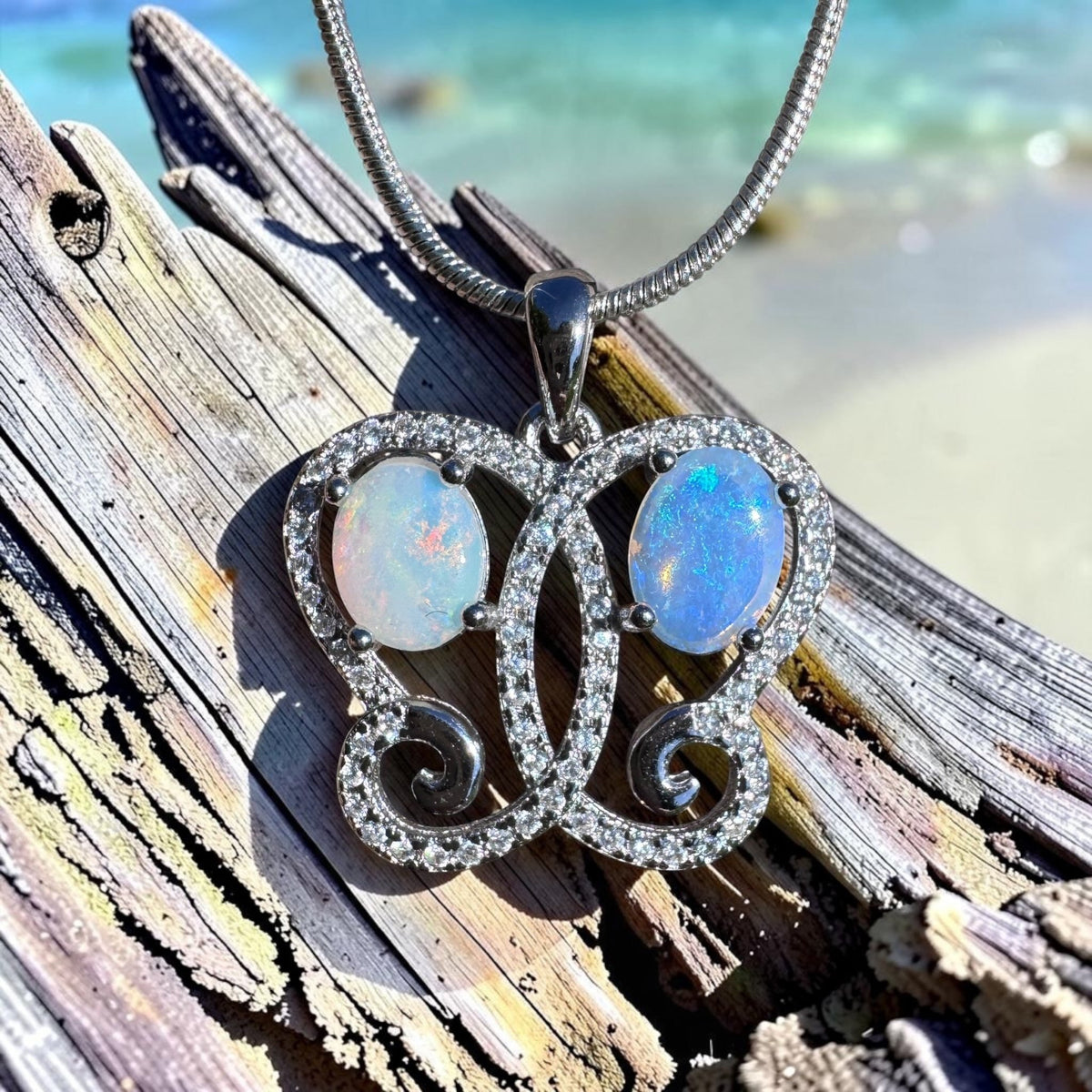 1.6ct Coober Pedy & Lightning Ridge Opal & Cubic Zirconia Butterfly Pendant Necklace ~ 'Mount Glorious Wings' | 925 Sterling Silver | Solid Australian Opal