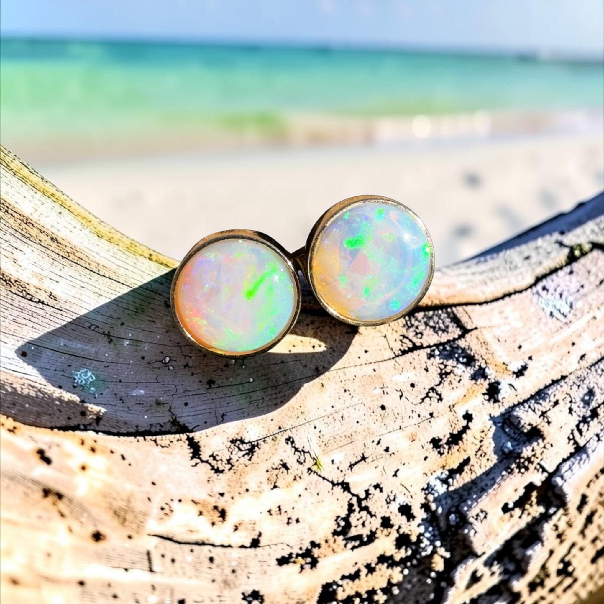 1.6ct Coober Pedy Opal Stud Earrings ~ 'Lorne Sunset' | 14ct Yellow Gold | Solid Australian Opal