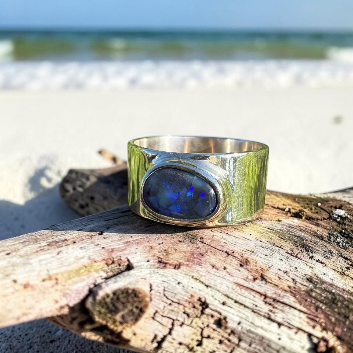 1.6ct Lightning Ridge Black Opal Ring ~ 'Blue Mountains Dusk' | 925 Sterling Silver | Solid Australian Opal