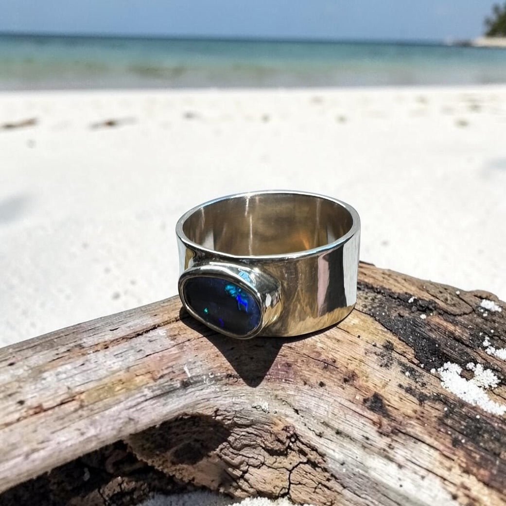 1.6ct Lightning Ridge Black Opal Ring ~ 'Blue Mountains Dusk' | 925 Sterling Silver | Solid Australian Opal