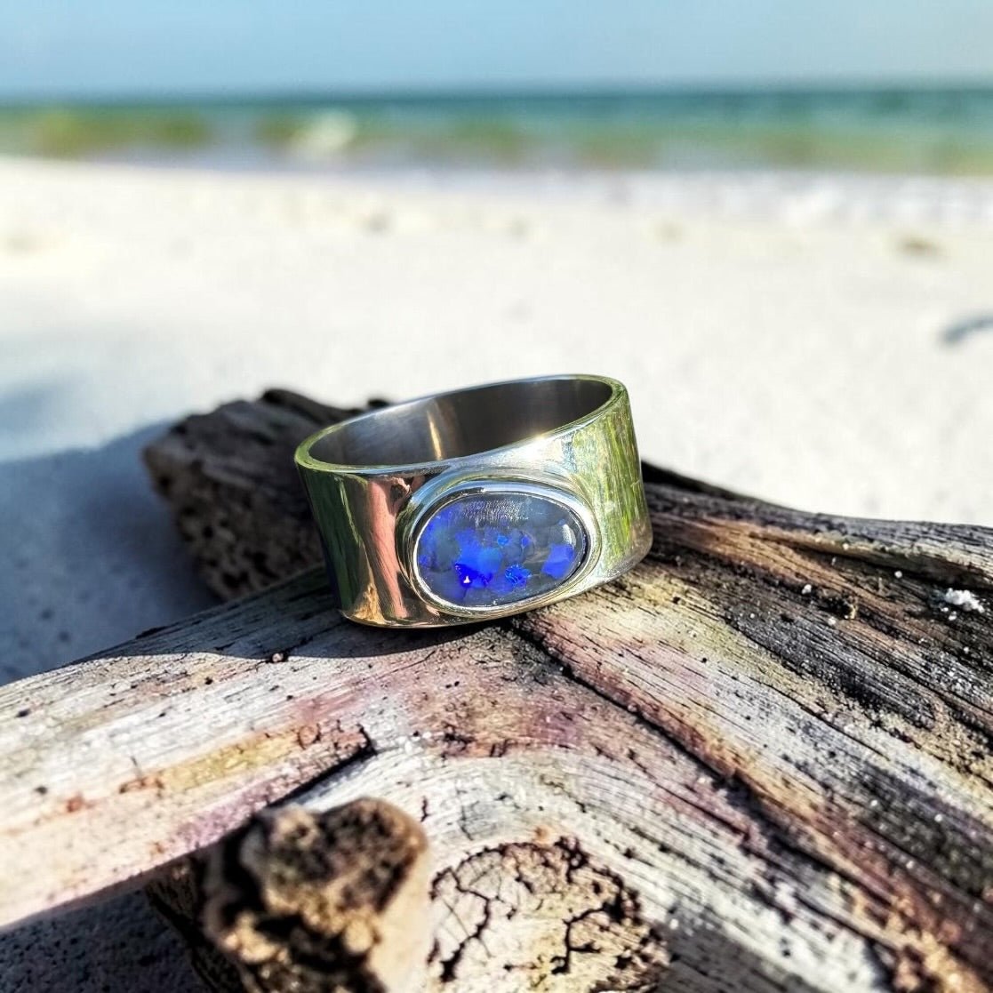 1.6ct Lightning Ridge Black Opal Ring ~ 'Blue Mountains Dusk' | 925 Sterling Silver | Solid Australian Opal