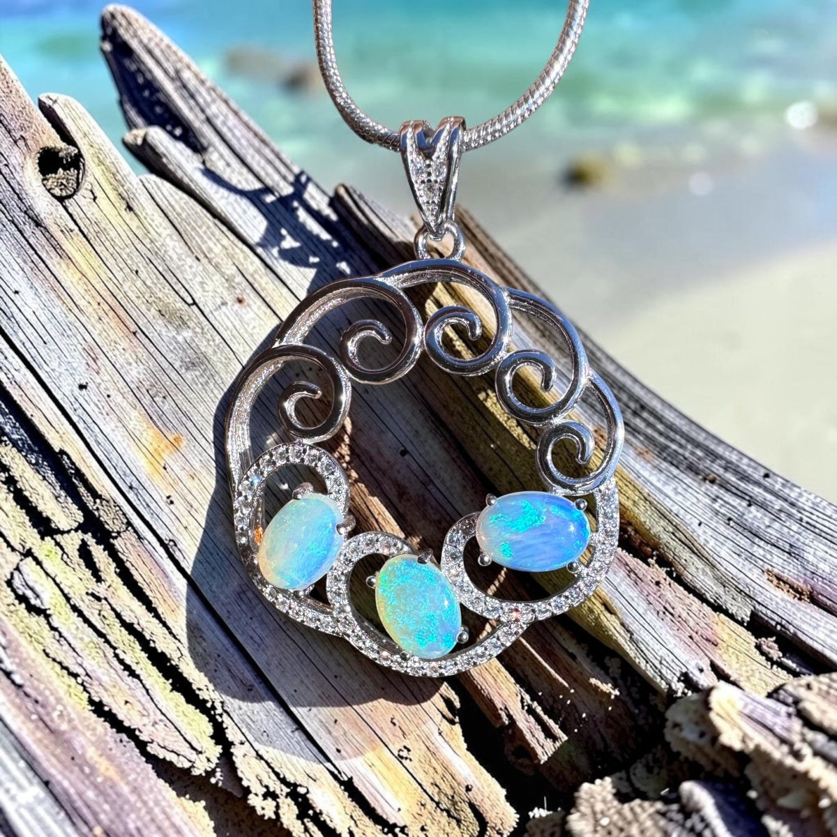 1.8ct Lightning Ridge Crystal Opal & Cubic Zirconia Trio Pendant Necklace ~ 'Granite Belt Trio' | 925 Sterling Silver | Solid Australian Opal