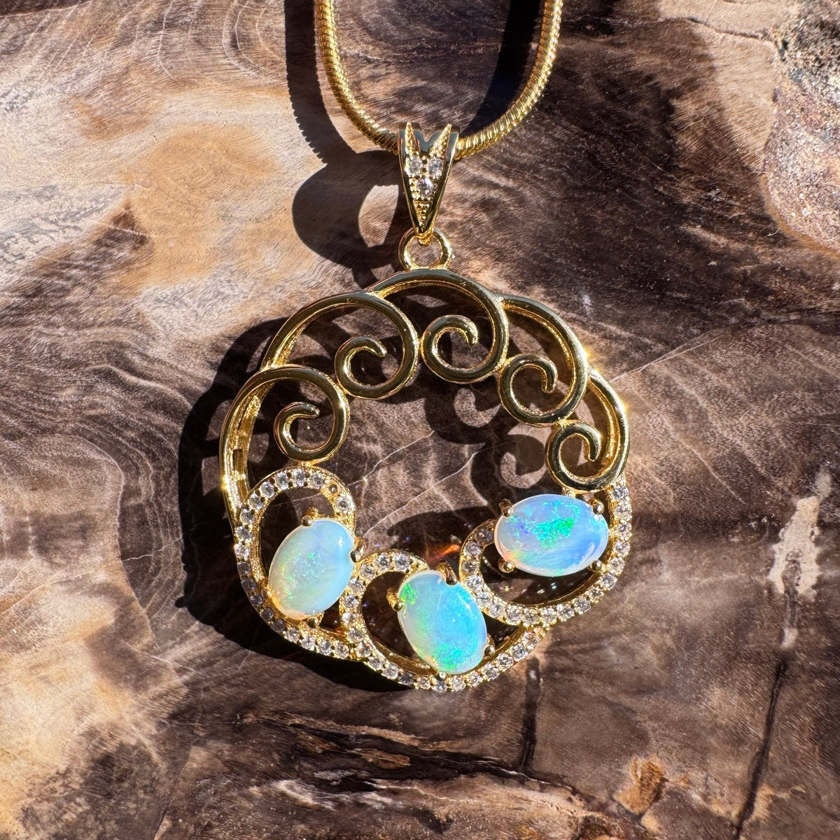 1.8ct Lightning Ridge Opal & Cubic Zirconia Trio Pendant Necklace ~ 'Hill End Trio Gold' | Yellow Gold Coated 925 Sterling Silver | Solid Australian Opal