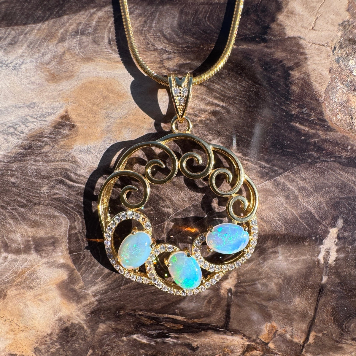 1.8ct Lightning Ridge Opal & Cubic Zirconia Trio Pendant Necklace ~ 'Hill End Trio Gold' | Yellow Gold Coated 925 Sterling Silver | Solid Australian Opal