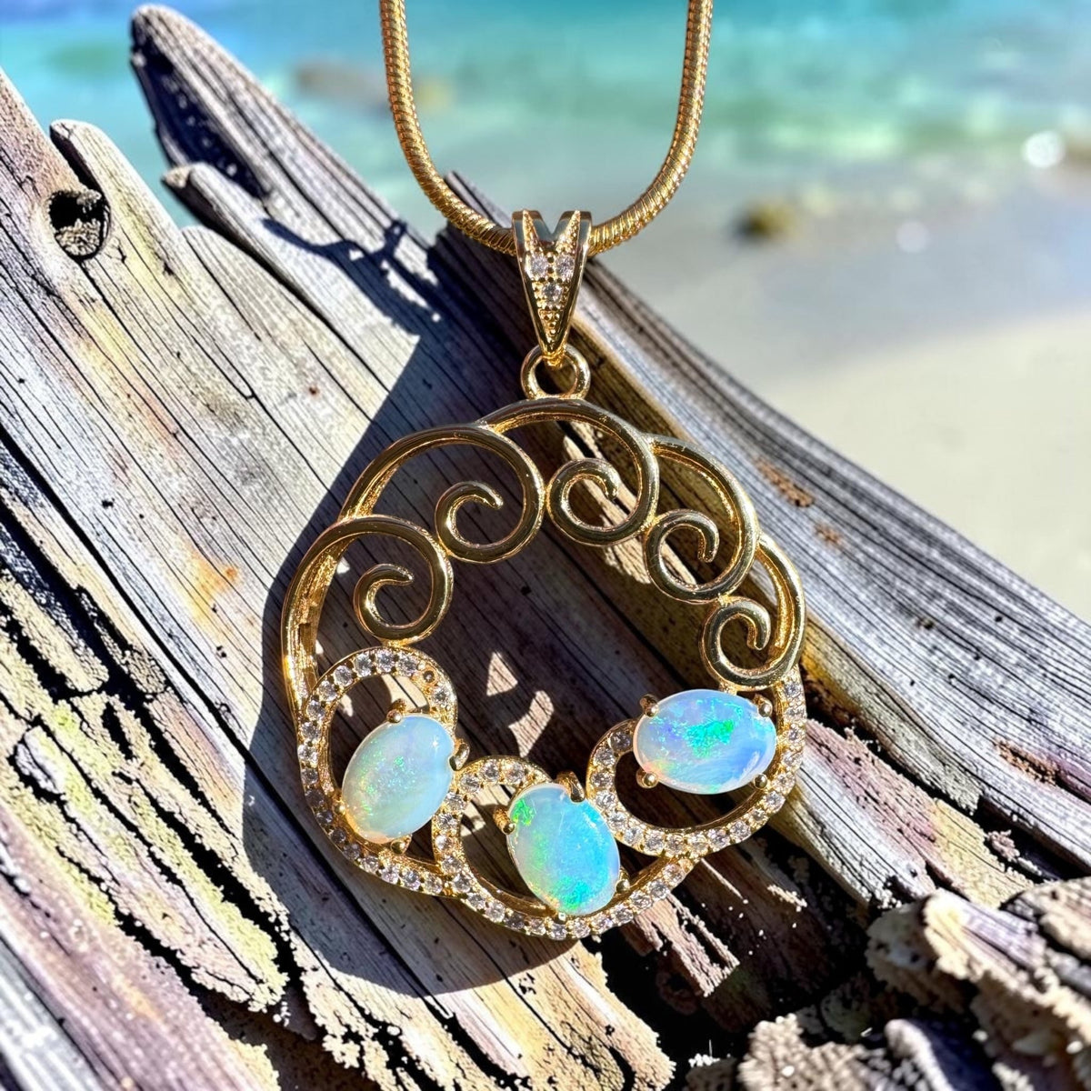 1.8ct Lightning Ridge Opal & Cubic Zirconia Trio Pendant Necklace ~ 'Hill End Trio Gold' | Yellow Gold Coated 925 Sterling Silver | Solid Australian Opal