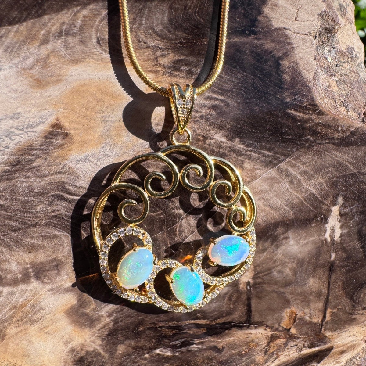 1.8ct Lightning Ridge Opal & Cubic Zirconia Trio Pendant Necklace ~ 'Hill End Trio Gold' | Yellow Gold Coated 925 Sterling Silver | Solid Australian Opal