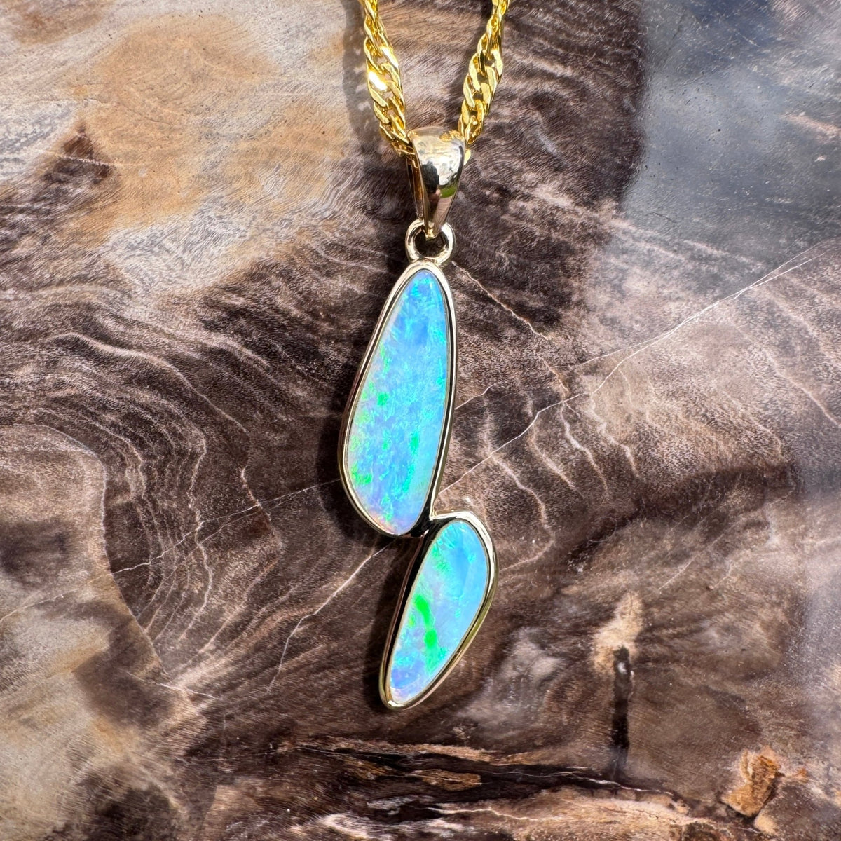 1.9ct Coober Pedy Crystal Opal Pendant Necklace ~ 'Freycinet Twins' | 14ct Yellow Gold | Solid Australian Opal