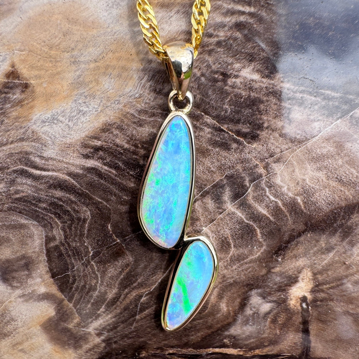 1.9ct Coober Pedy Crystal Opal Pendant Necklace ~ 'Freycinet Twins' | 14ct Yellow Gold | Solid Australian Opal