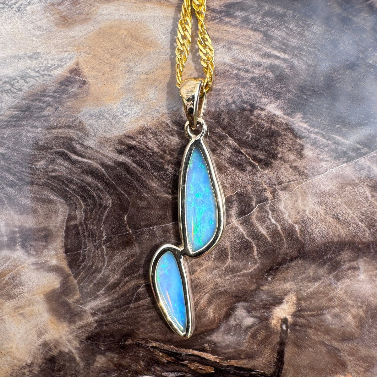 1.9ct Coober Pedy Crystal Opal Pendant Necklace ~ 'Freycinet Twins' | 14ct Yellow Gold | Solid Australian Opal