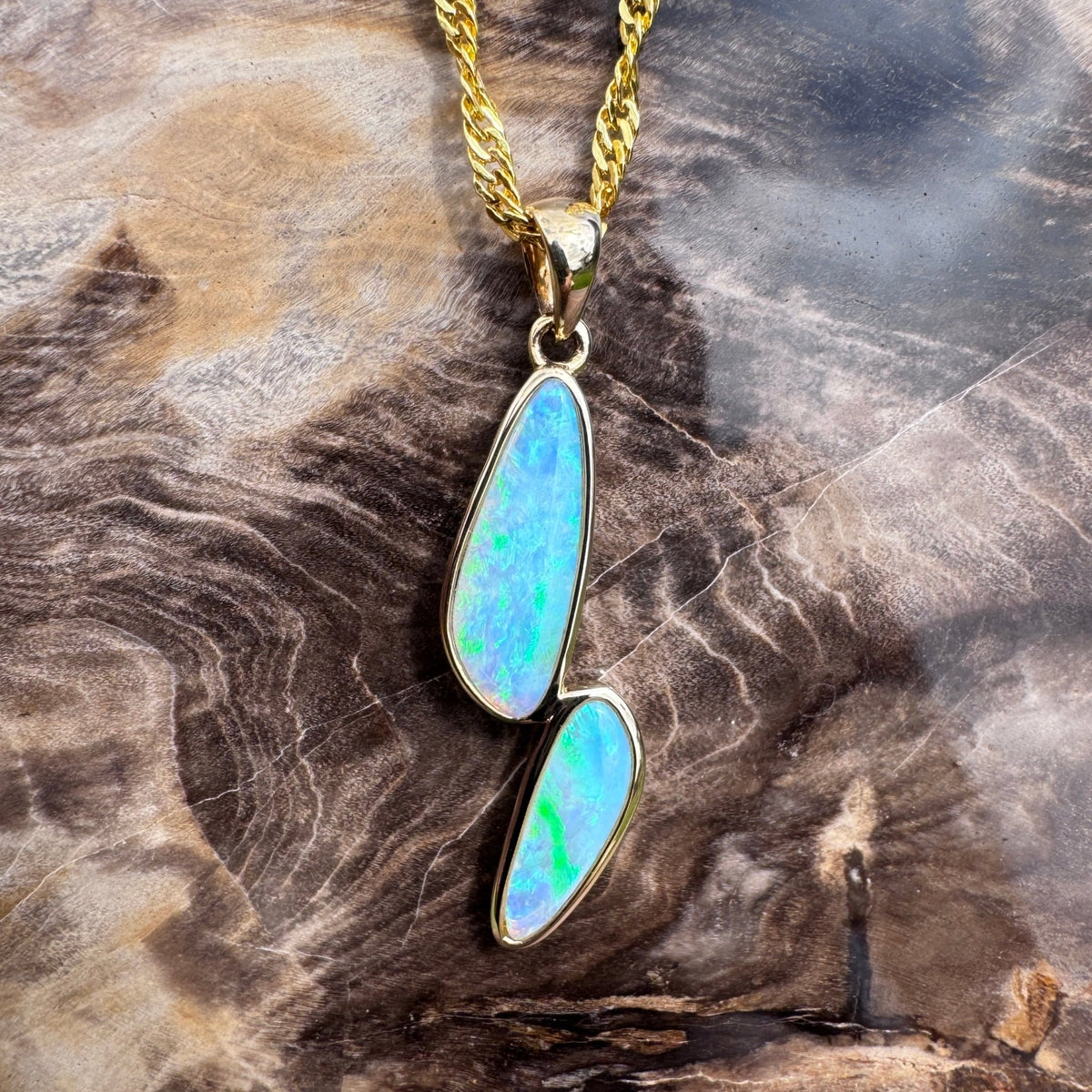 1.9ct Coober Pedy Crystal Opal Pendant Necklace ~ 'Freycinet Twins' | 14ct Yellow Gold | Solid Australian Opal