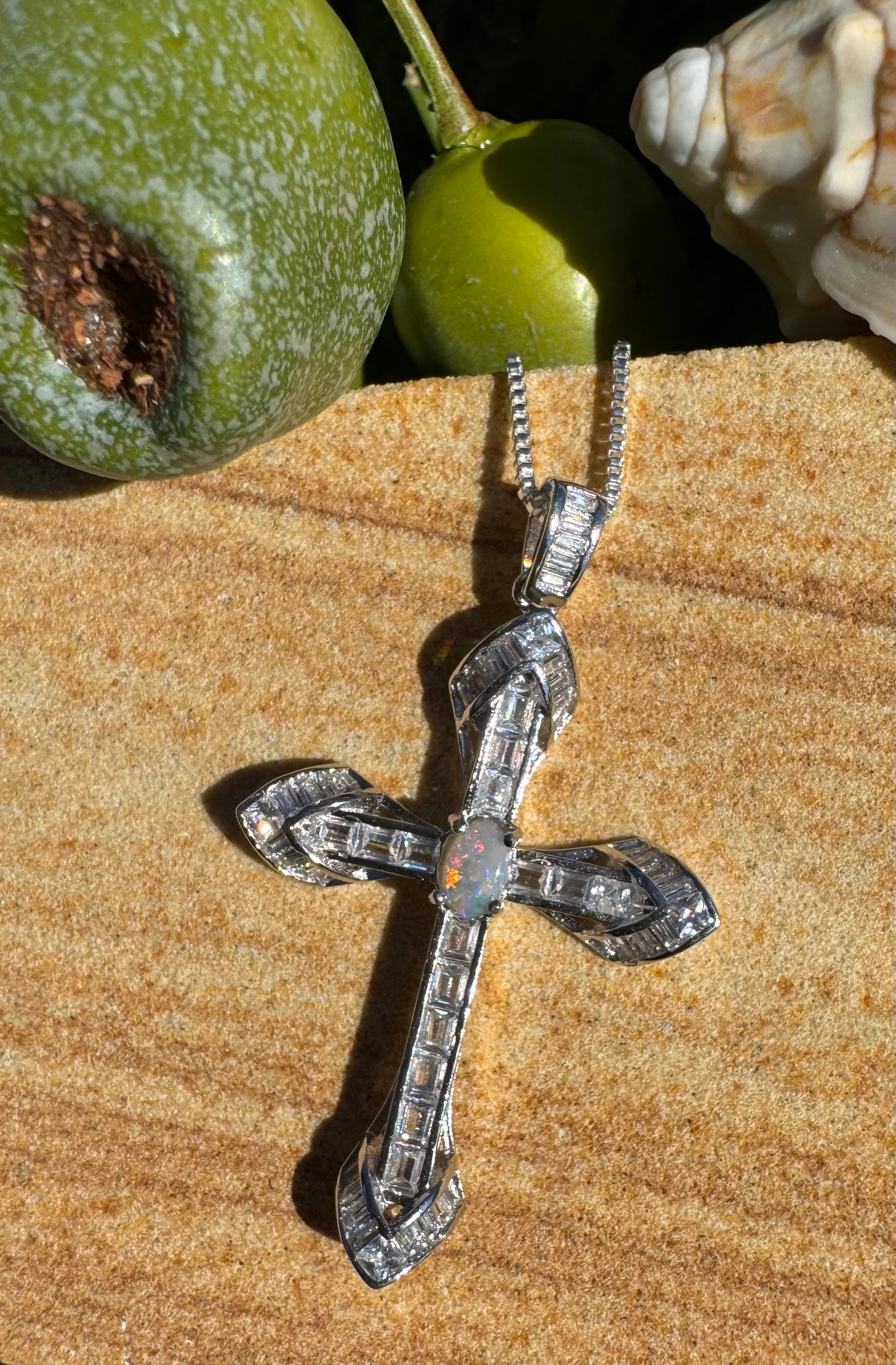 'Eternal Grace' ~ Handcrafted 0.6ct Solid Lightning Ridge Opal and Cubic Zirconia Sterling Silver Cross Pendant