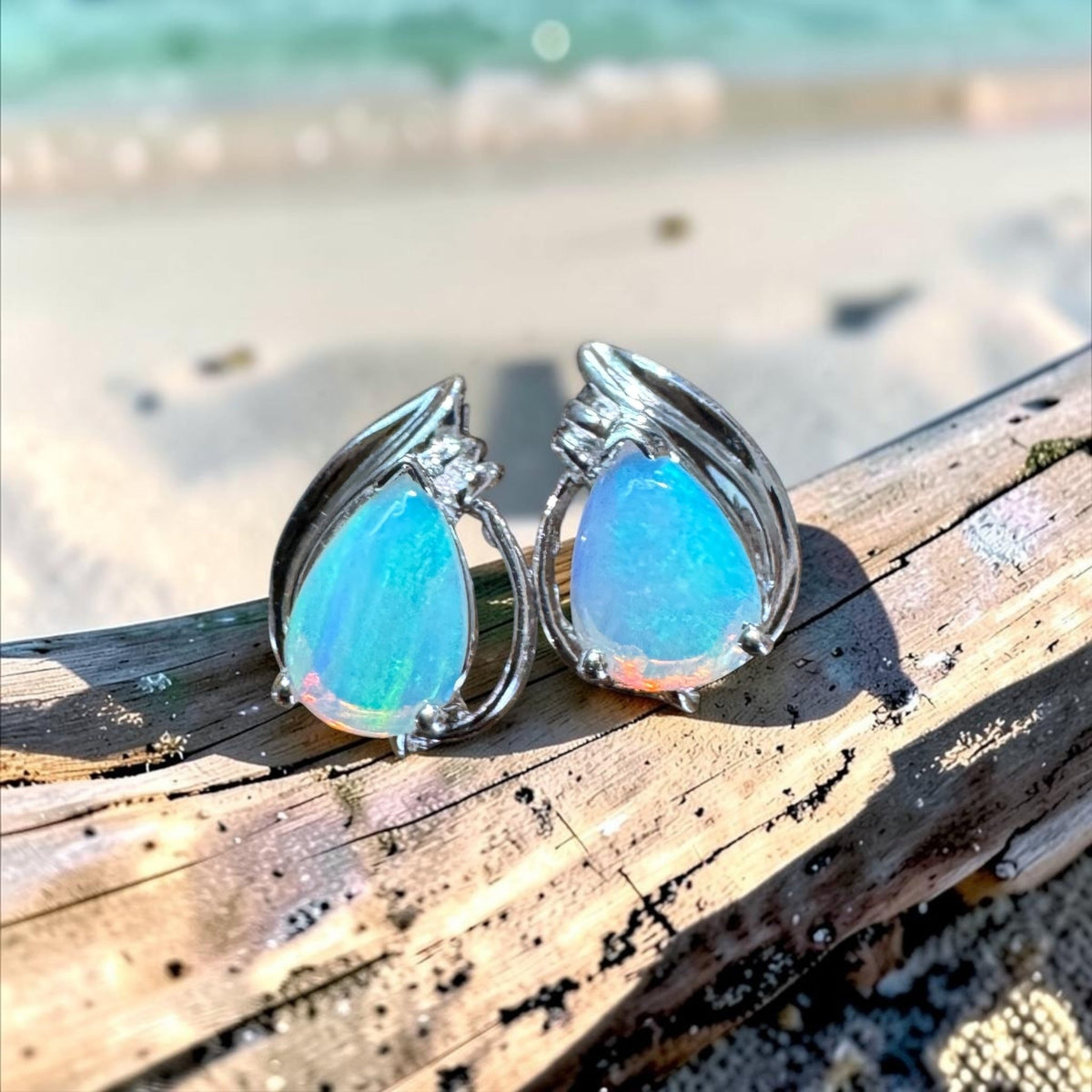 1ct Coober Pedy Crystal Opal Stud Earrings ~ 'Lake McKenzie Blue' | 925 Sterling Silver | Solid Australian Opal