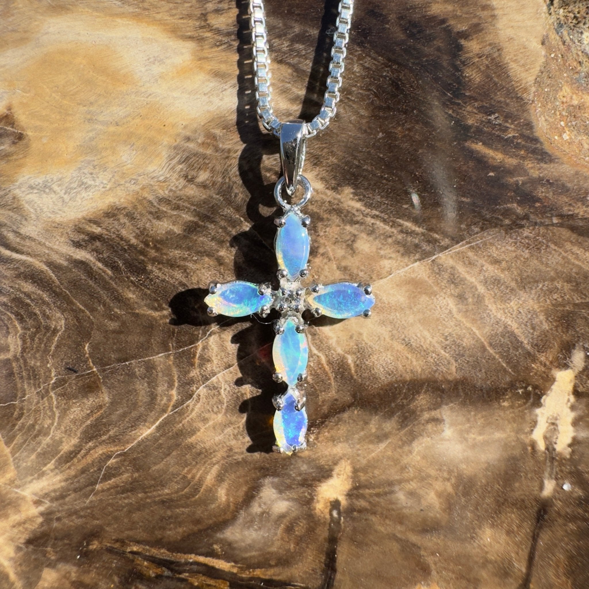 1ct Coober Pedy Opal Cross Pendant Necklace ~ 'Shark Bay Shimmer' | 925 Sterling Silver | Solid Australian Opal