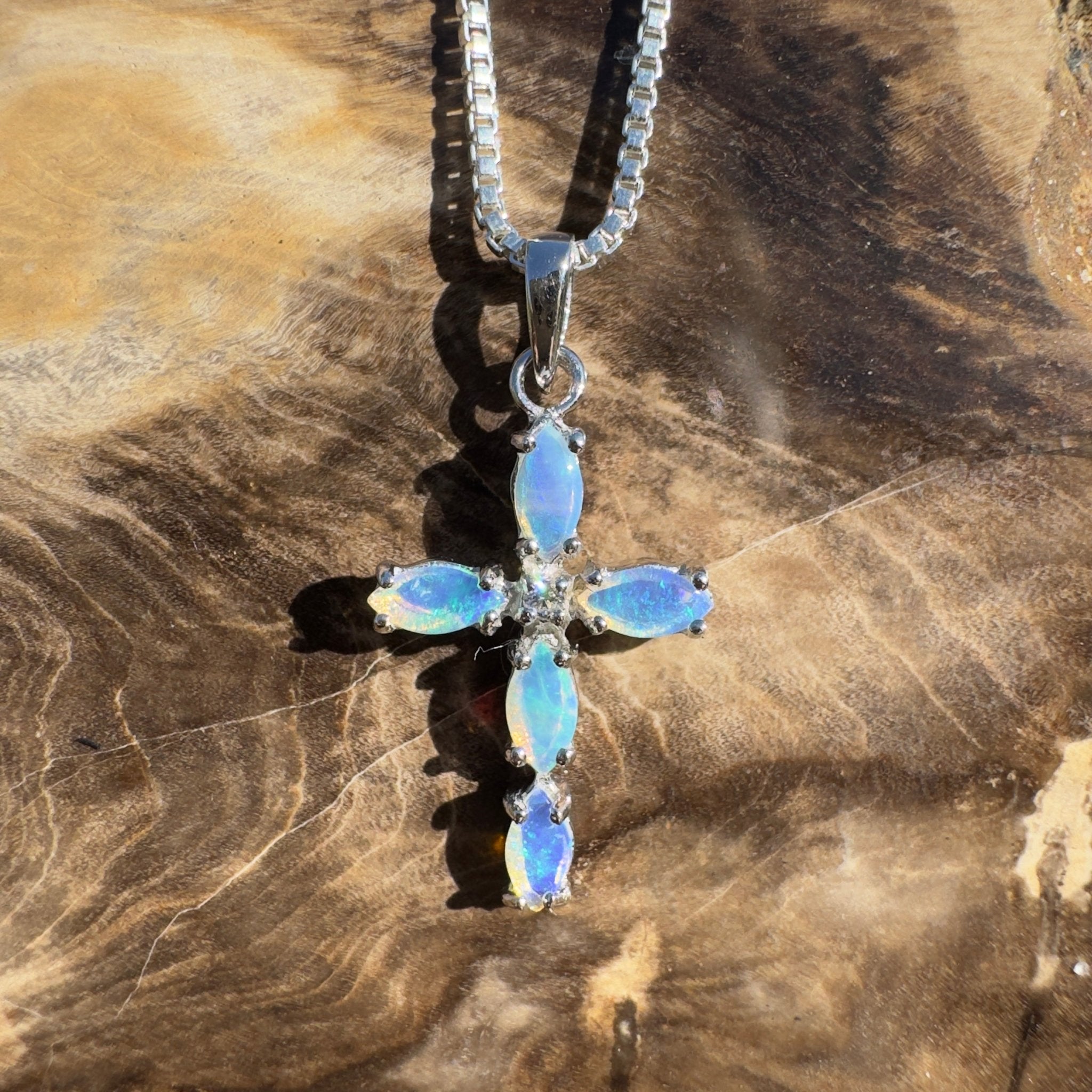 1ct Coober Pedy Opal Cross Pendant Necklace ~ 'Shark Bay Shimmer' | 925 Sterling Silver | Solid Australian Opal